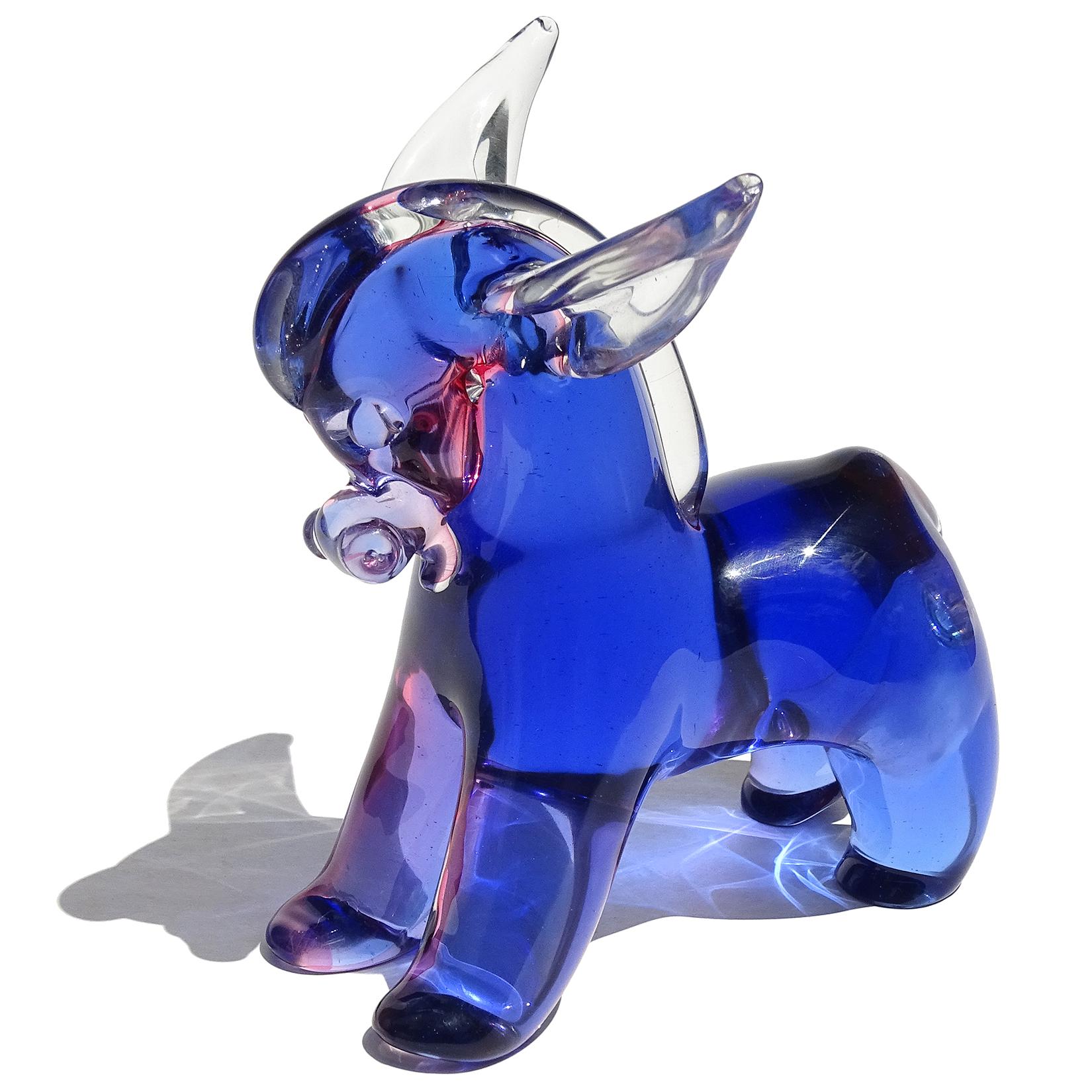 Beautiful vintage Murano hand blown Sommerso cute donkey Italian art glass sculptures. Documented to the Seguso Vetri d'Arte company, circa 1958-1959. It is published in their book (see last photo). The figure has an inner layer of blue, with