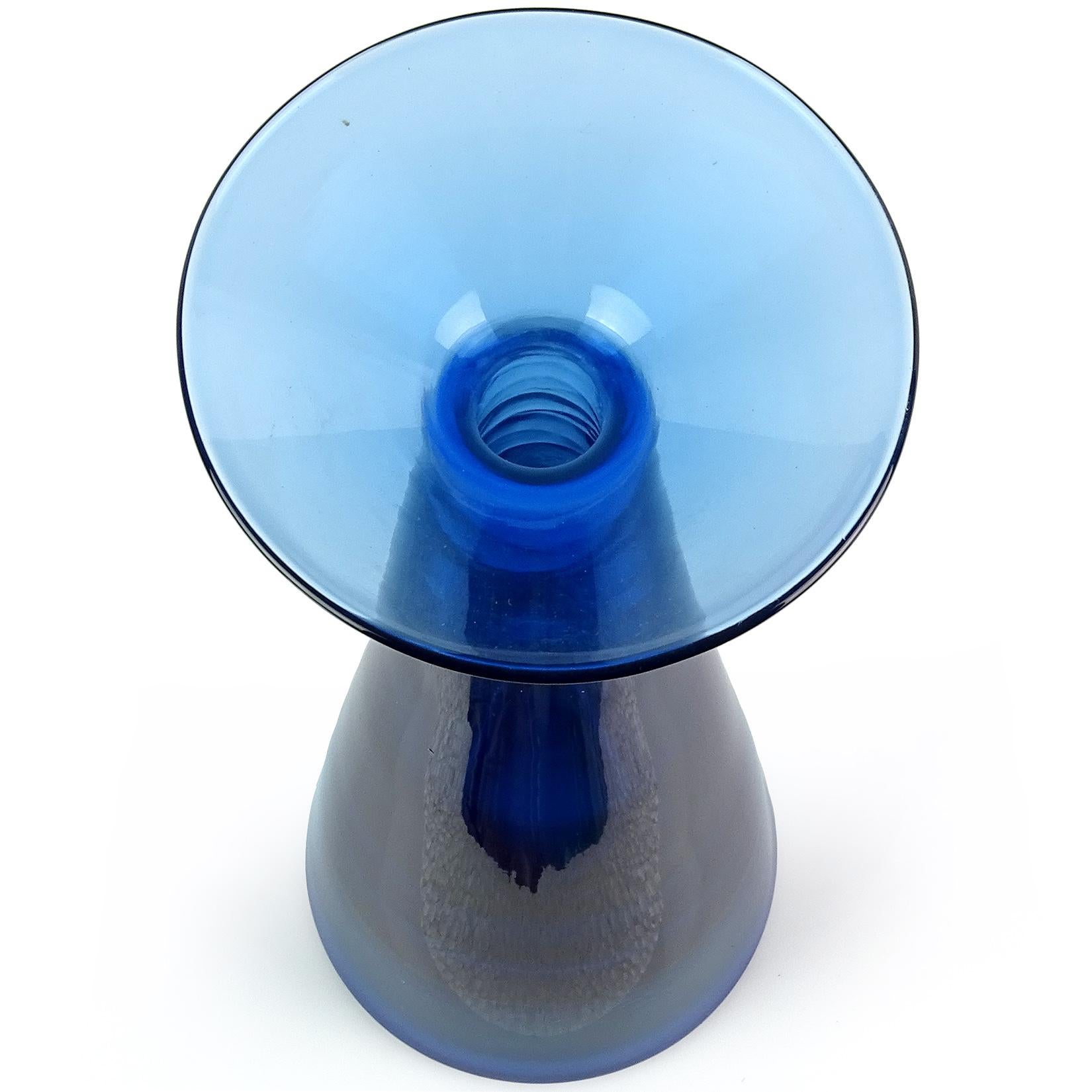 Gorgeous large vintage Murano hand blown Sommerso aqua blue over cobalt blue Italian art glass flower vase. Attributed to the Seguso Vetri d'Arte company. The piece has an amazing Space Age shape, with oversize and flattened mouth to the vase. Made