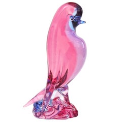 Seguso Vetri d'Arte Murano Sommerso Rosa Blu Scultura di Uccello in Vetro d'Arte Italiana