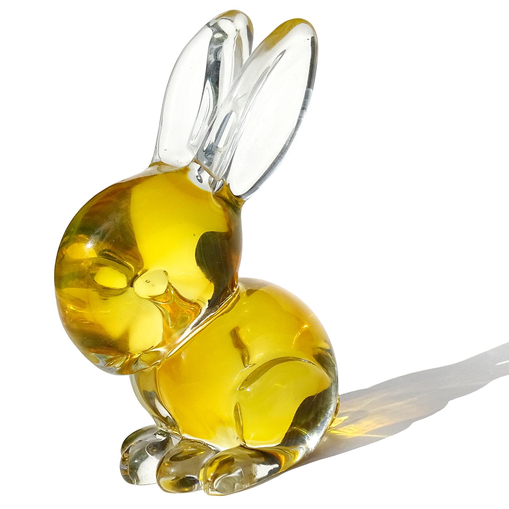 Adorable vintage Murano hand blown Sommerso yellow orange Italian art glass bunny rabbit sculpture / figurine. Documented to designer Flavio Poli for the Seguso Vetri d'Arte company. Item number 5747, circa 1939, in the published book. Art Deco -