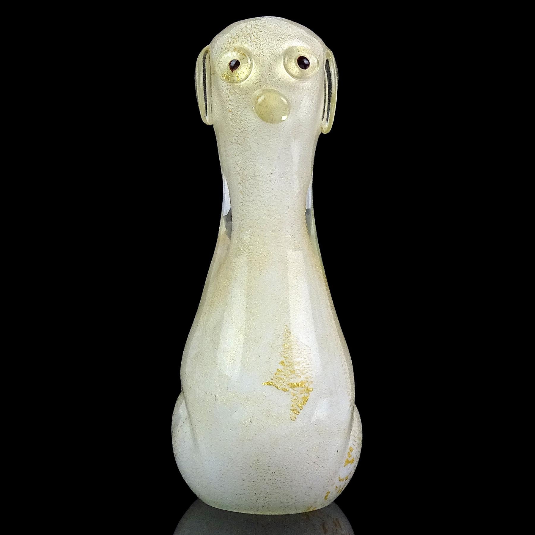 Hand-Crafted Seguso Vetri d'Arte Murano White Gold Flecks Italian Art Glass Dog Figurine For Sale