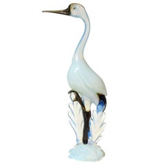 Seguso Vetri d'Arte Murano White Opal Olive Italian Art Glass Crane Sculpture