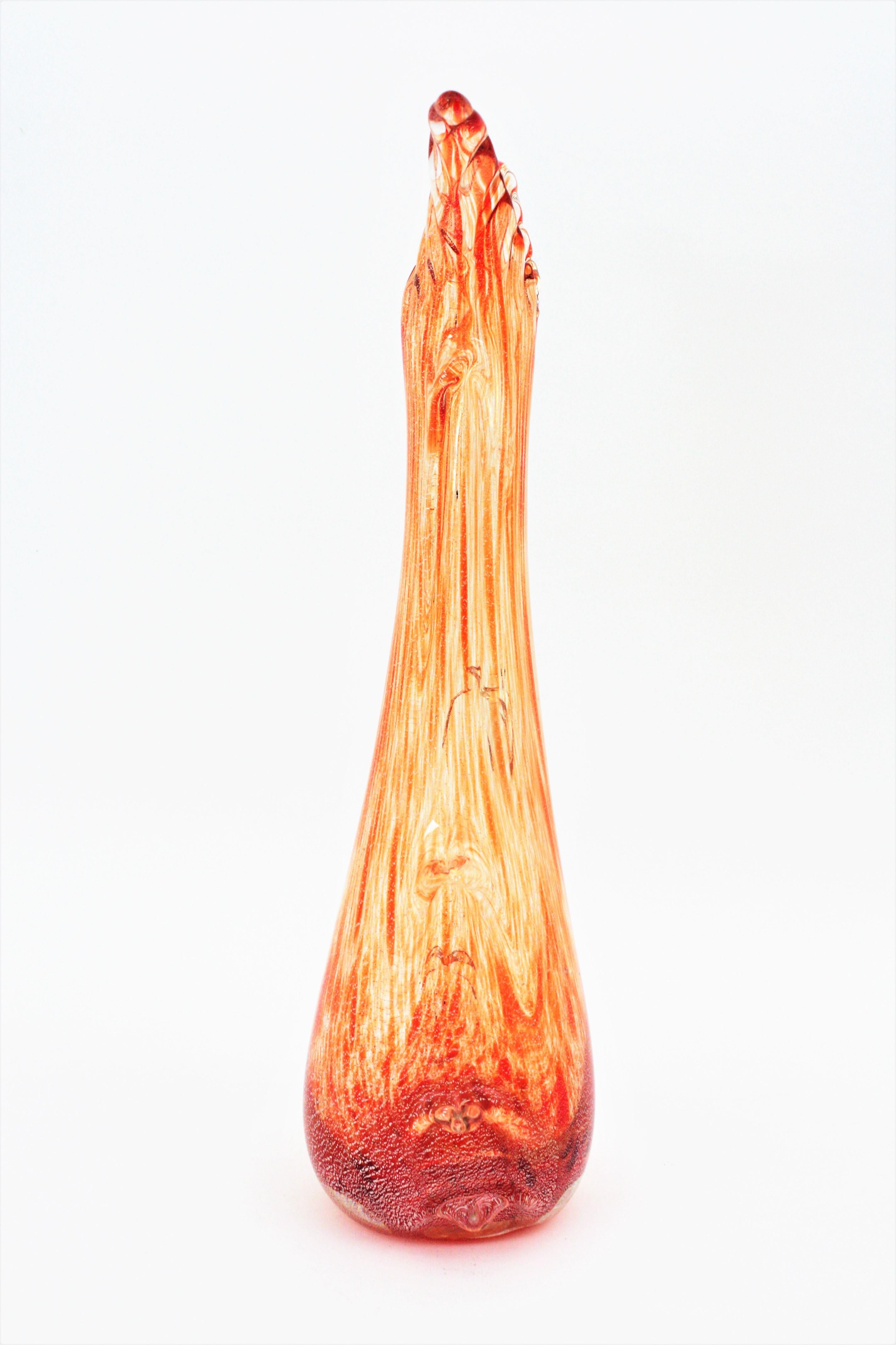 Seguso Vetri d'Arte Orange & Clear Striped Murano Glass Vase with Silver Flecks 4