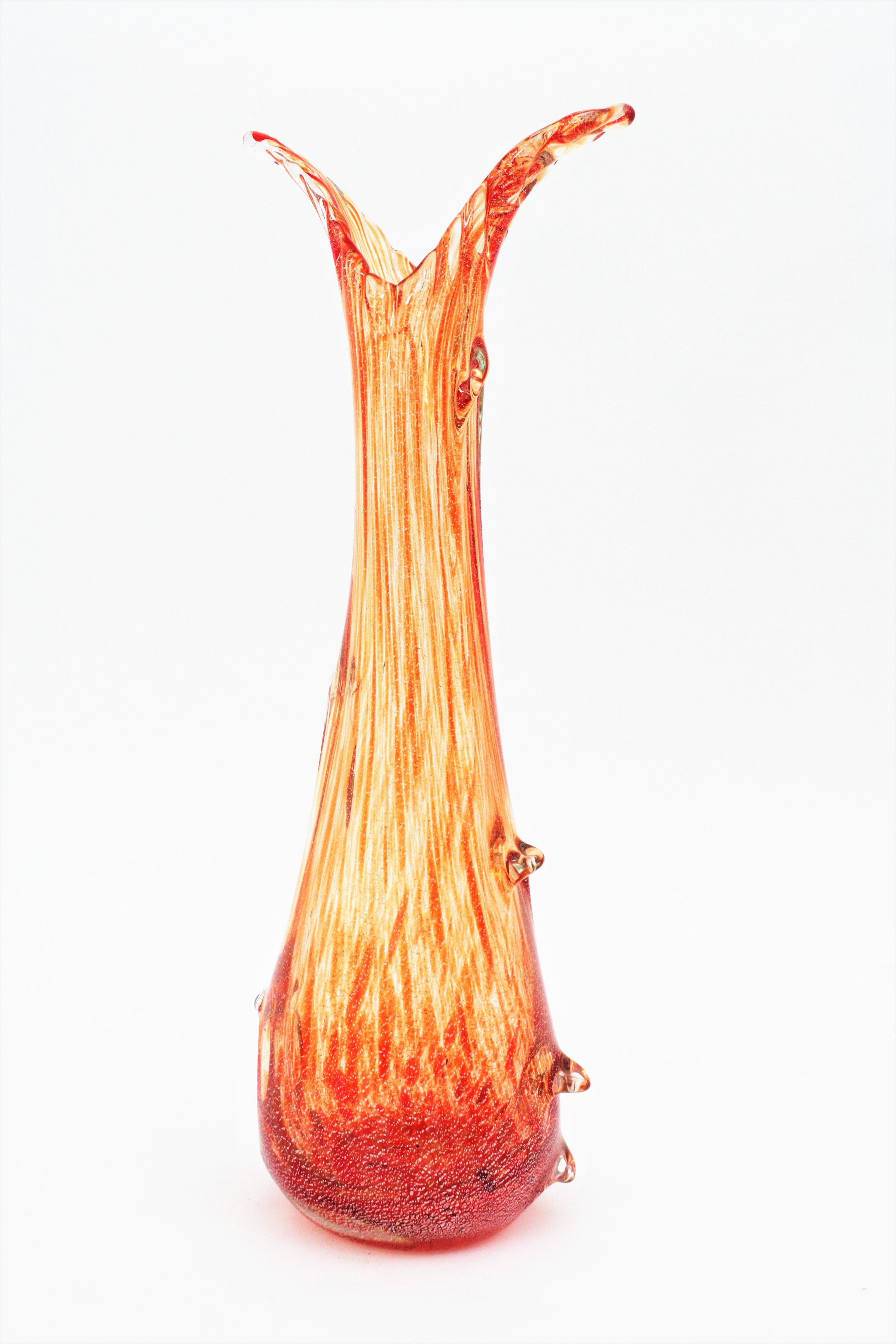 Mid-Century Modern Seguso Vetri d'Arte Orange & Clear Striped Murano Glass Vase with Silver Flecks