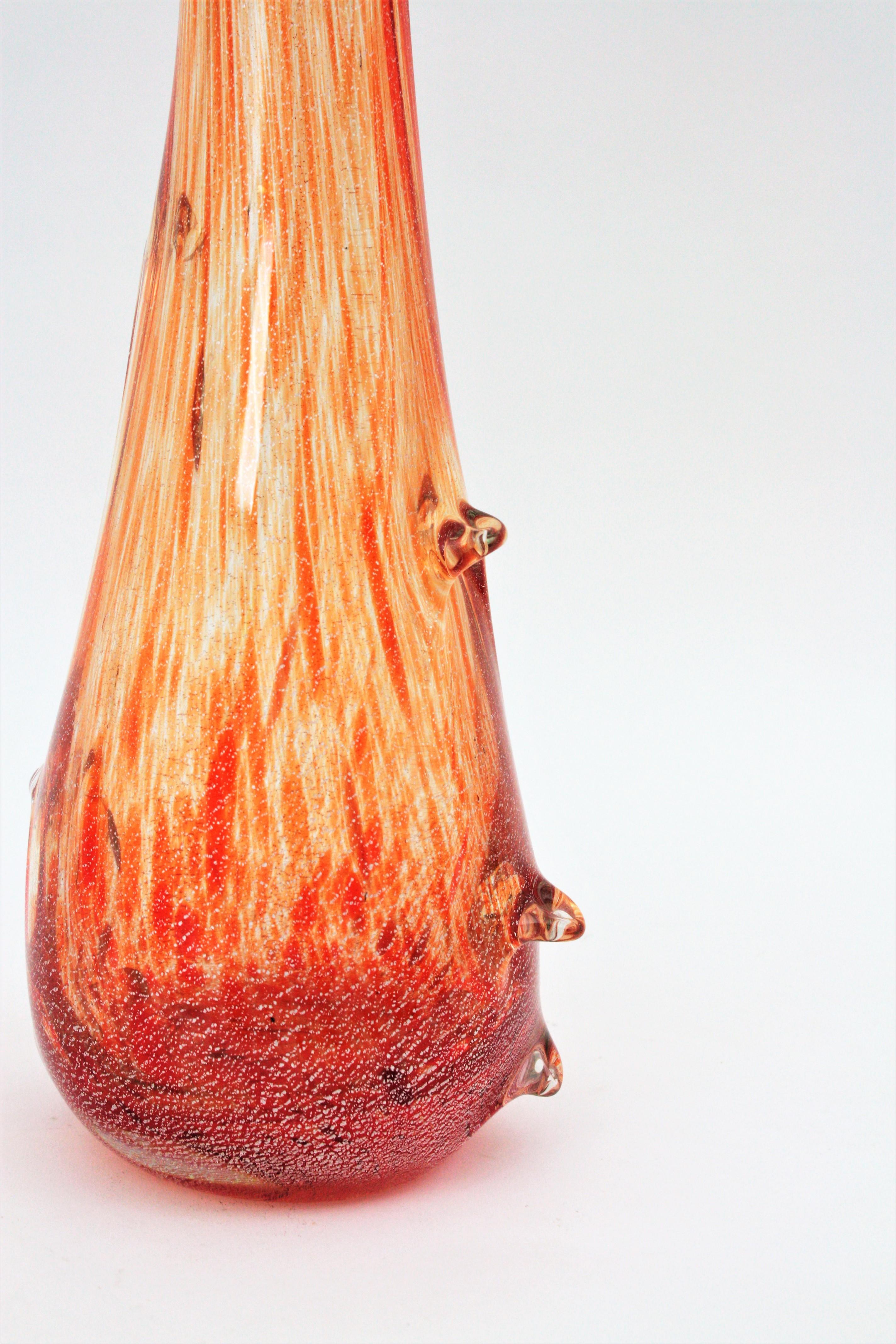 Seguso Vetri d'Arte Orange & Clear Striped Murano Glass Vase with Silver Flecks 1