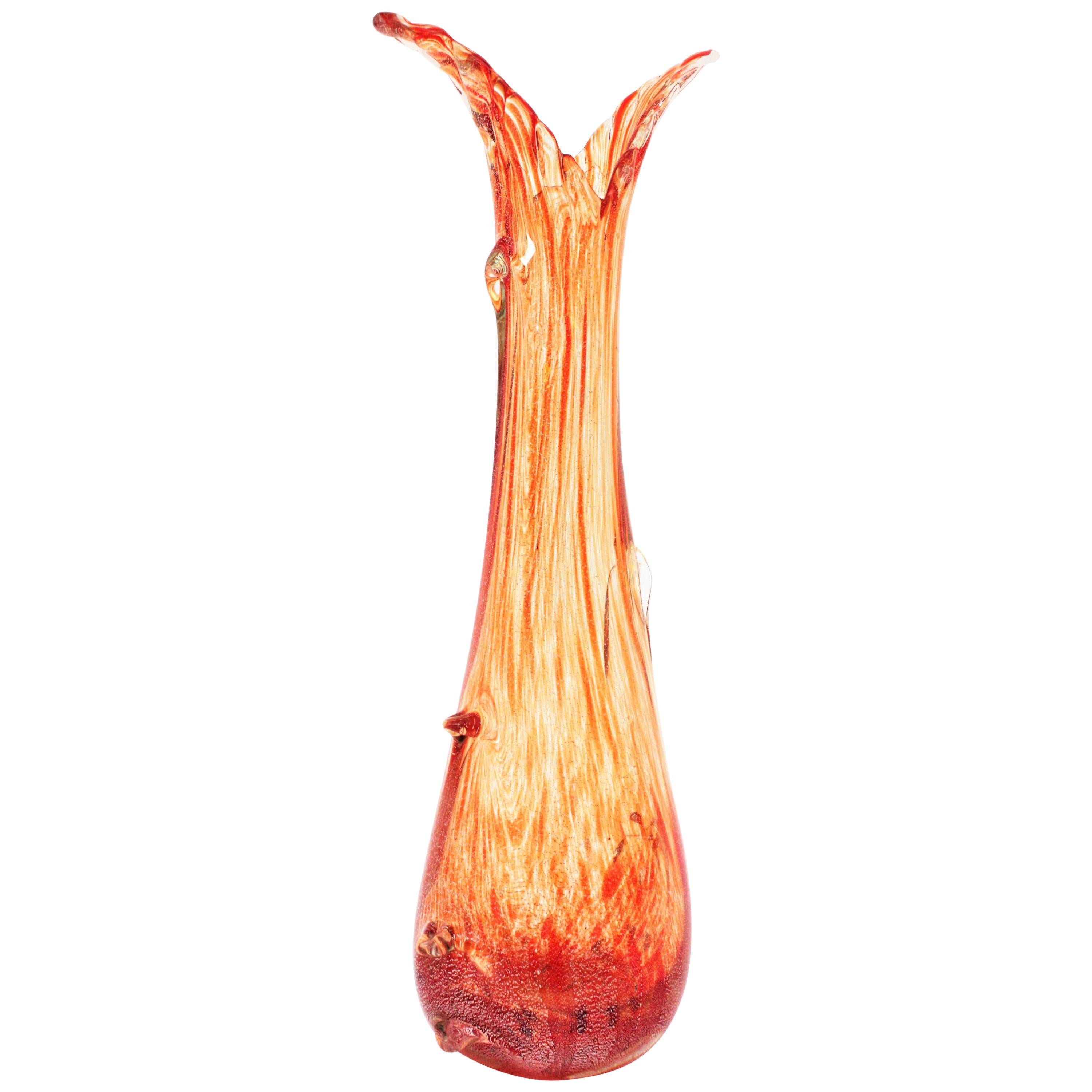 Seguso Vetri d'Arte Orange & Clear Striped Murano Glass Vase with Silver Flecks