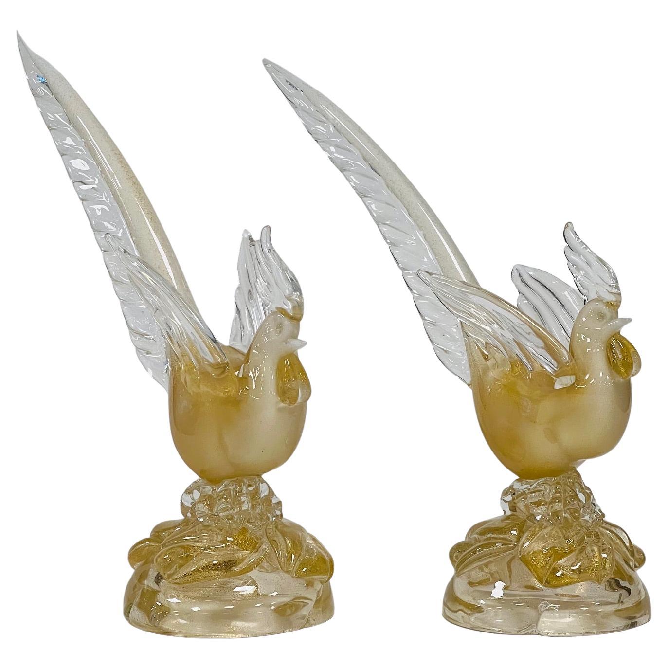 Seguso Vetri d'Arte coppia di uccelli con profusione d'oro circa 1950 in vendita