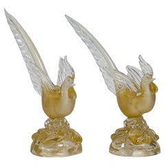 Seguso Vetri d'Arte pair of birds with profusion of gold circa 1950