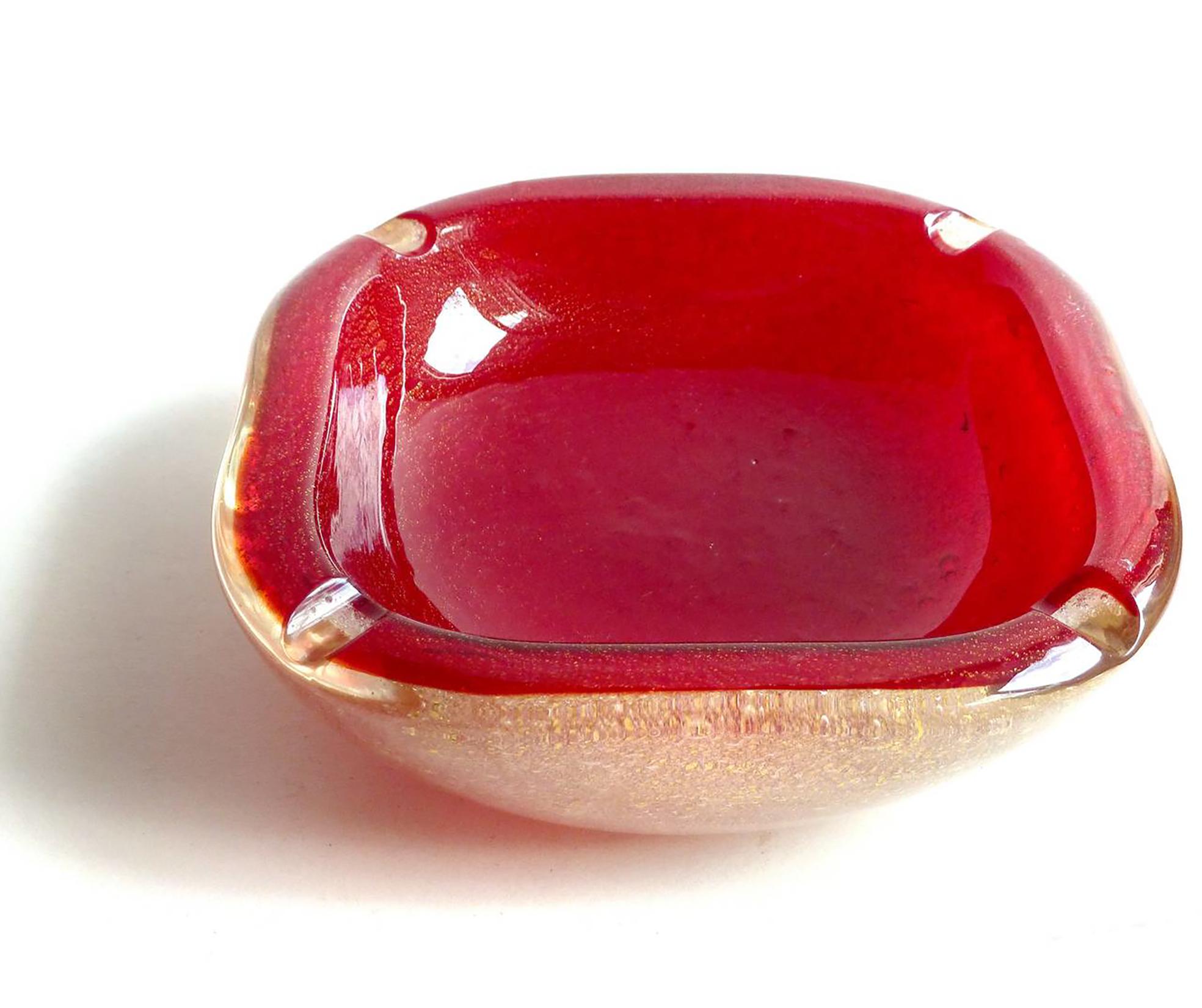 Mid-Century Modern Murano Seguso Vetri d'Arte Poli Red Gold Flecks Italian Art Glass Ashtray Bowl For Sale