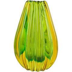 Seguso Vetri d'Arte Poli Murano Sommerso Green Orange Italian Art Glass Vase