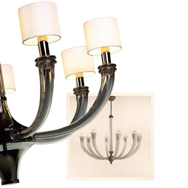 Iconic splendor chandelier 7-light, gray glass and black chrome metal.