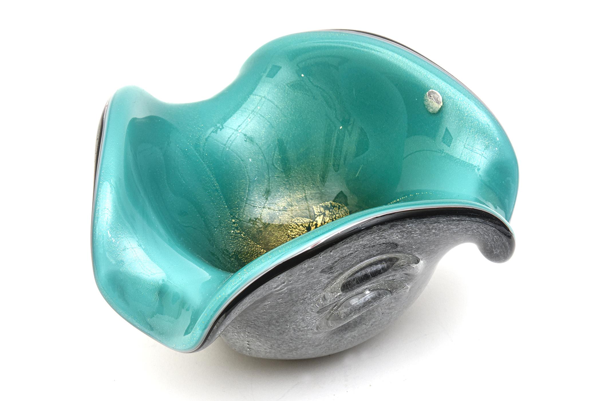 Seguso Vetri d'Arte Triple Cased Pulegoso Murano Bowl Teal Turquoise Black Gold 6