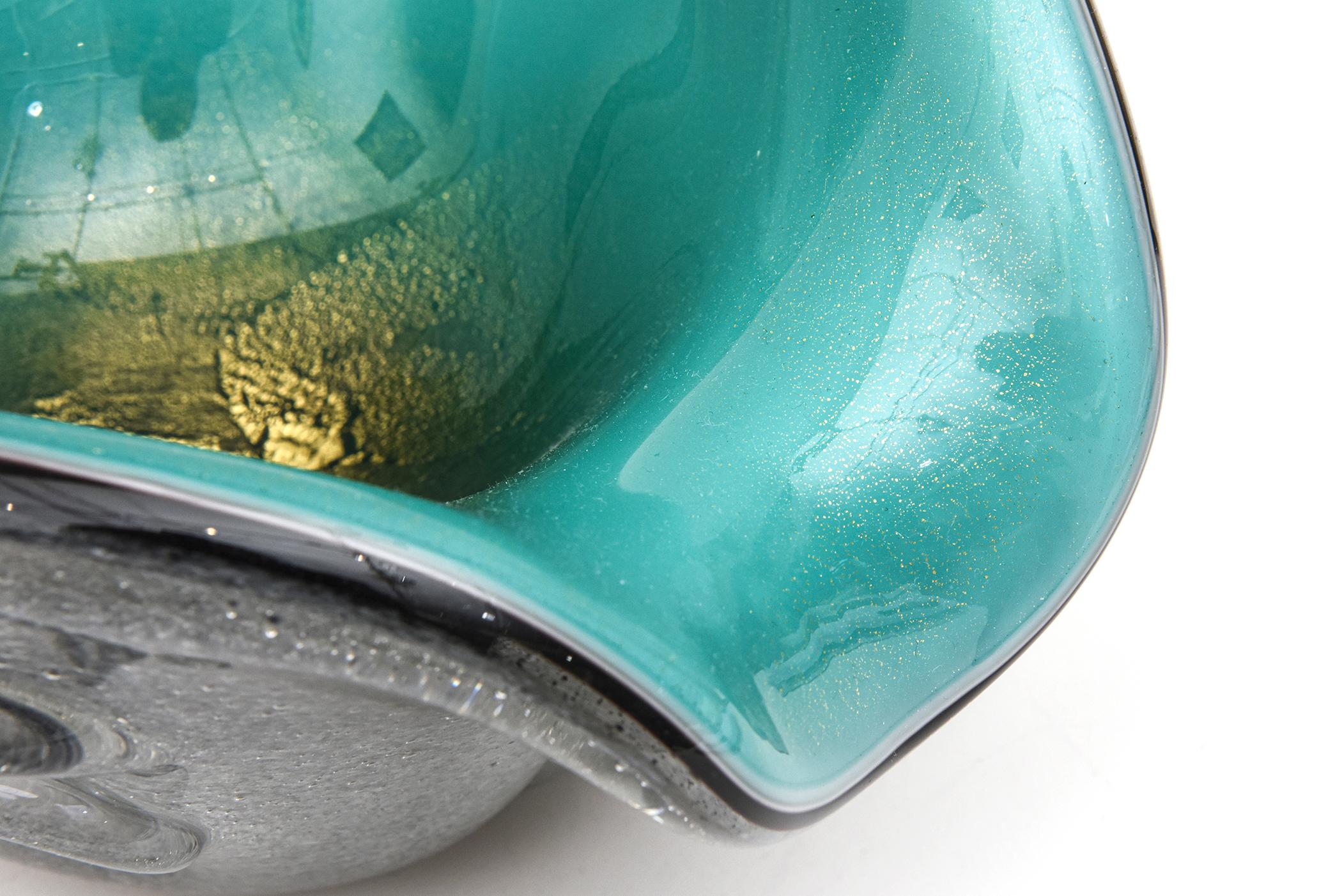 Or Seguso Vetri d'Arte Triple Cased Pulegoso Murano Bowl Teal Turquoise Black Gold