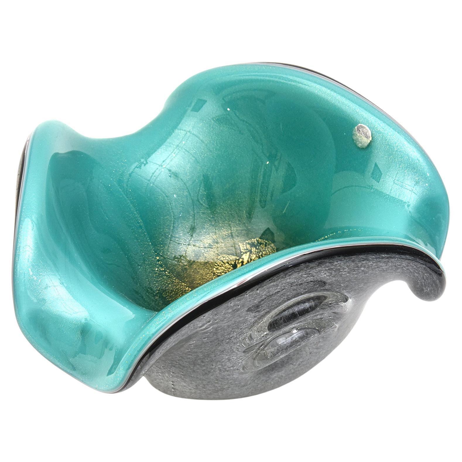 Seguso Vetri d'Arte Triple Cased Pulegoso Murano Bowl Teal Turquoise Black Gold