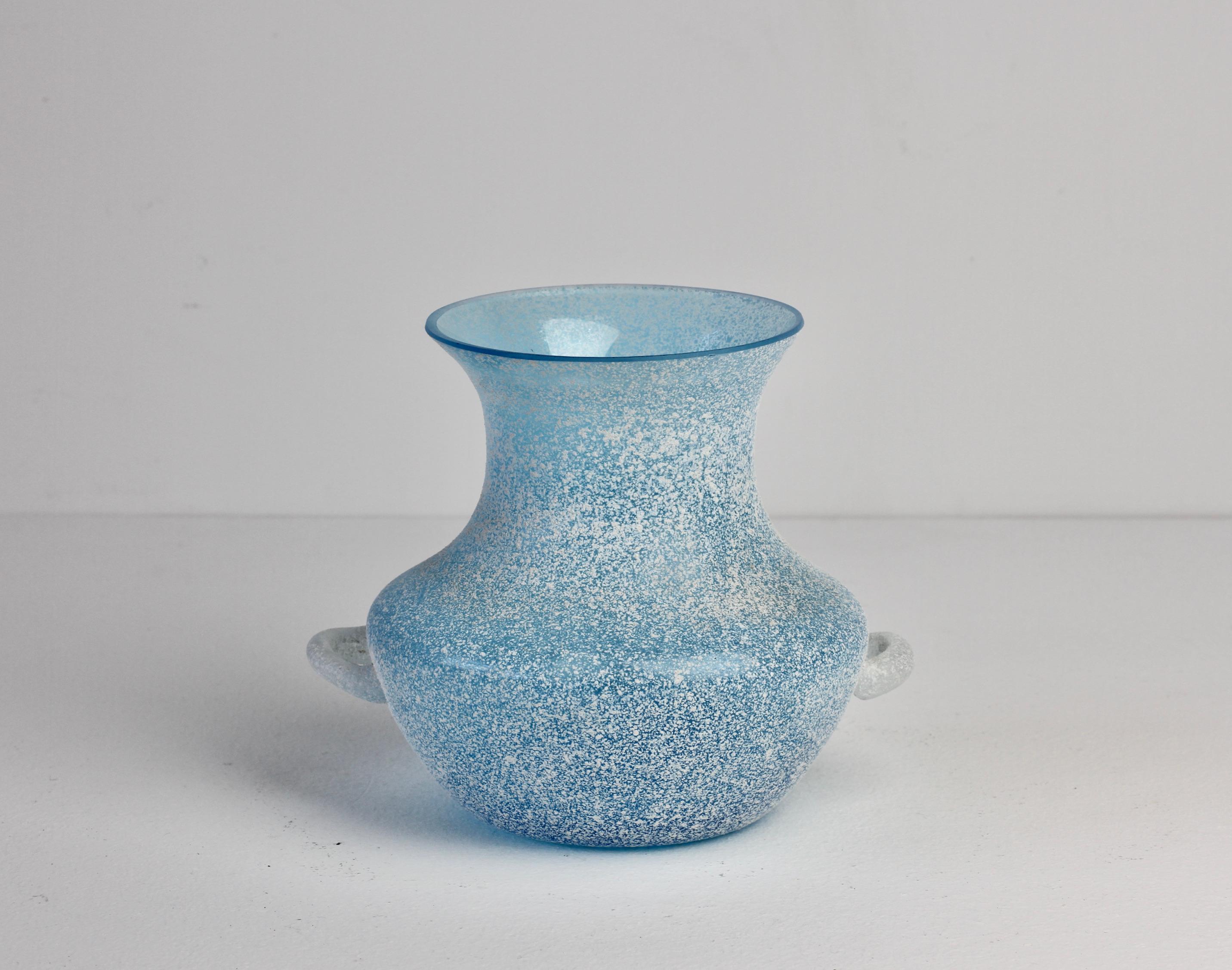 20th Century Seguso Vintage Mid-Century Blue 'a Scavo' Curved Murano Glass Vase with Handles For Sale
