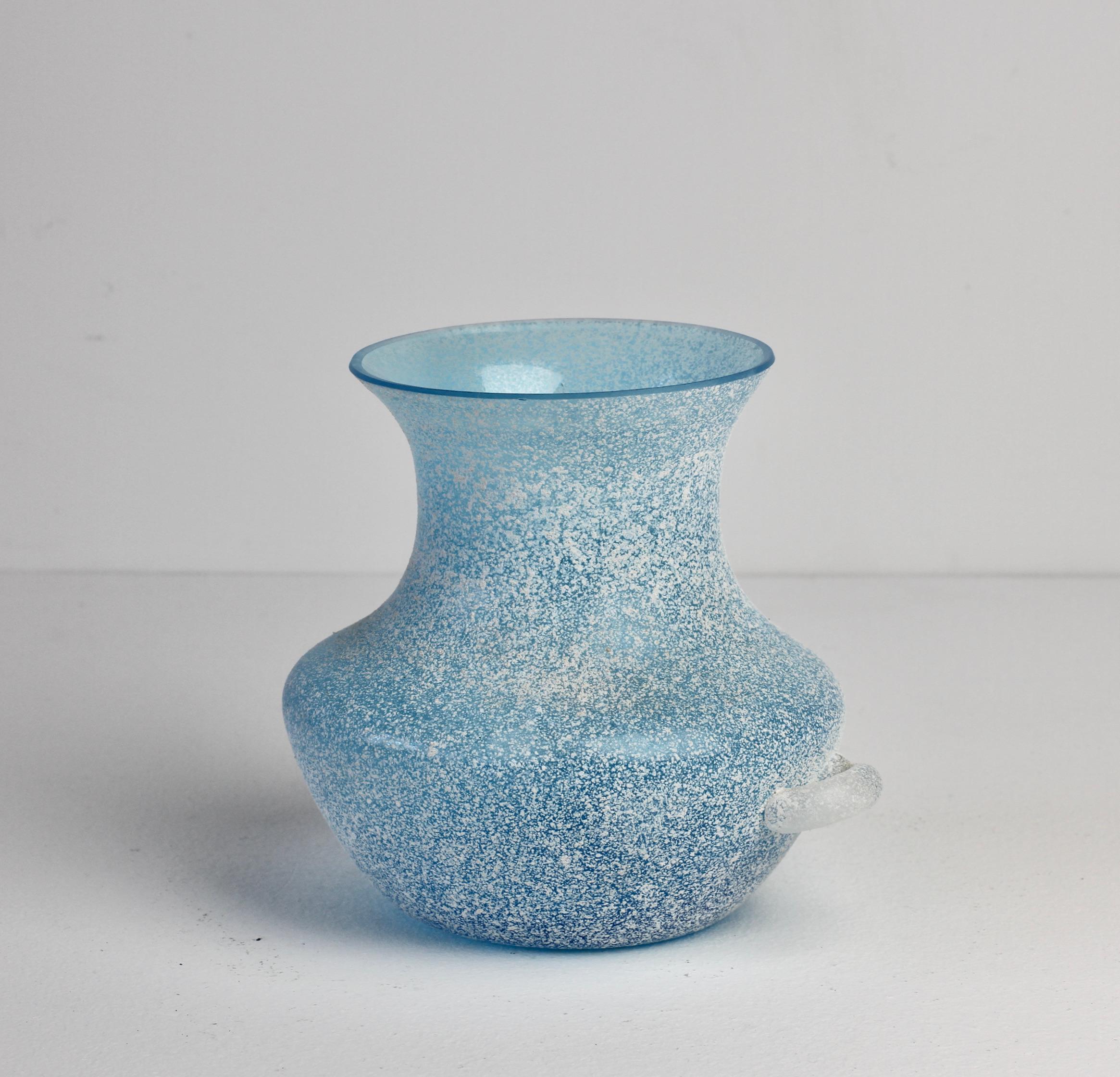 Blown Glass Seguso Vintage Mid-Century Blue 'a Scavo' Curved Murano Glass Vase with Handles For Sale