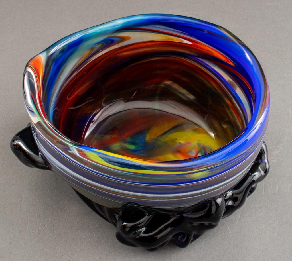 Seguso Viro Italian Venetian Murano art glass bowl on base, the vessel with blown color elements on a base in the form of a Chinese Scholar's rock, signed 