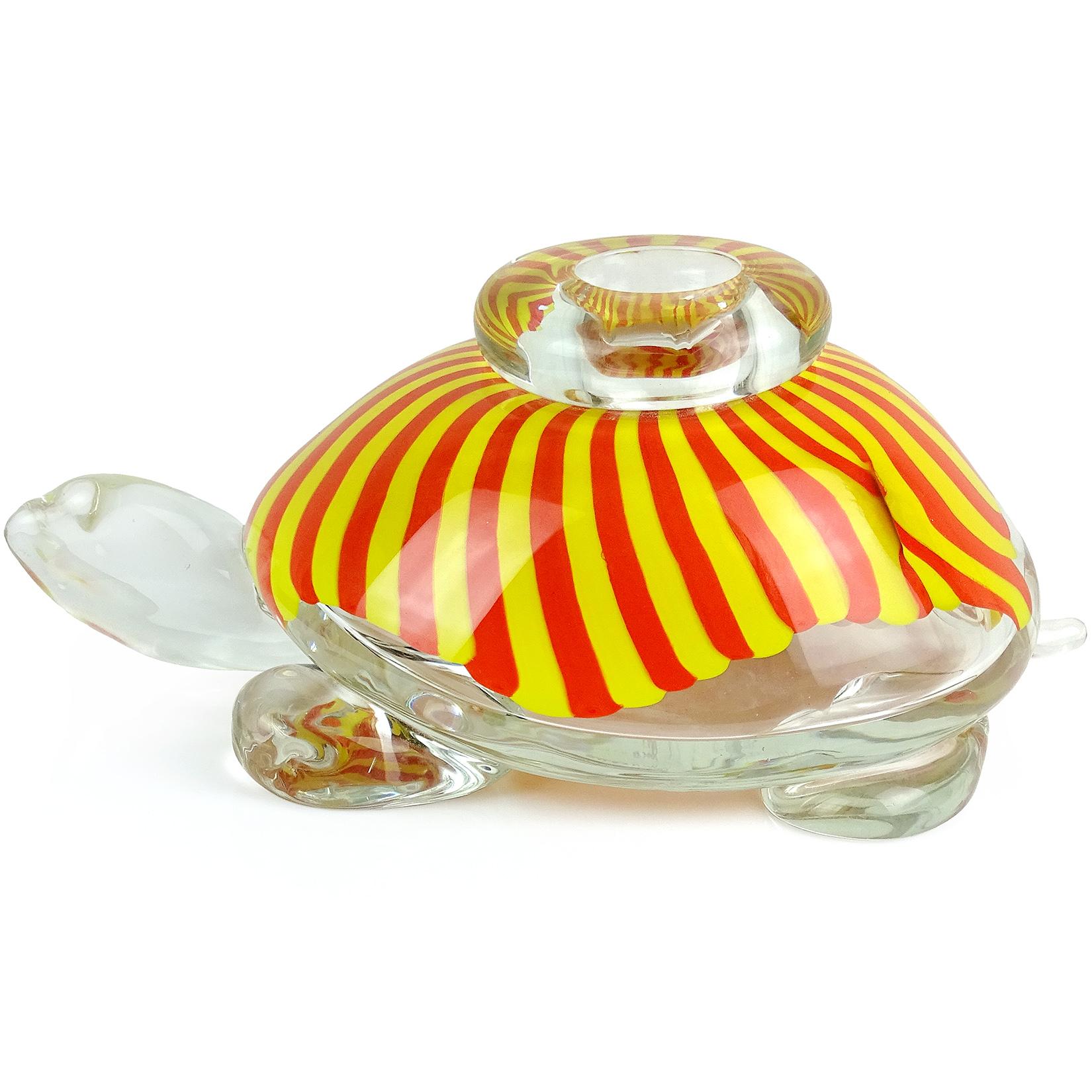 Beautiful Murano handblown yellow and orange stripes shell Italian art glass sculptural turtle vase / centrepiece. Documented and signed Seguso Viro Murano underneath. The piece is very large with thick glass and heavy. Has an applied clear ring on