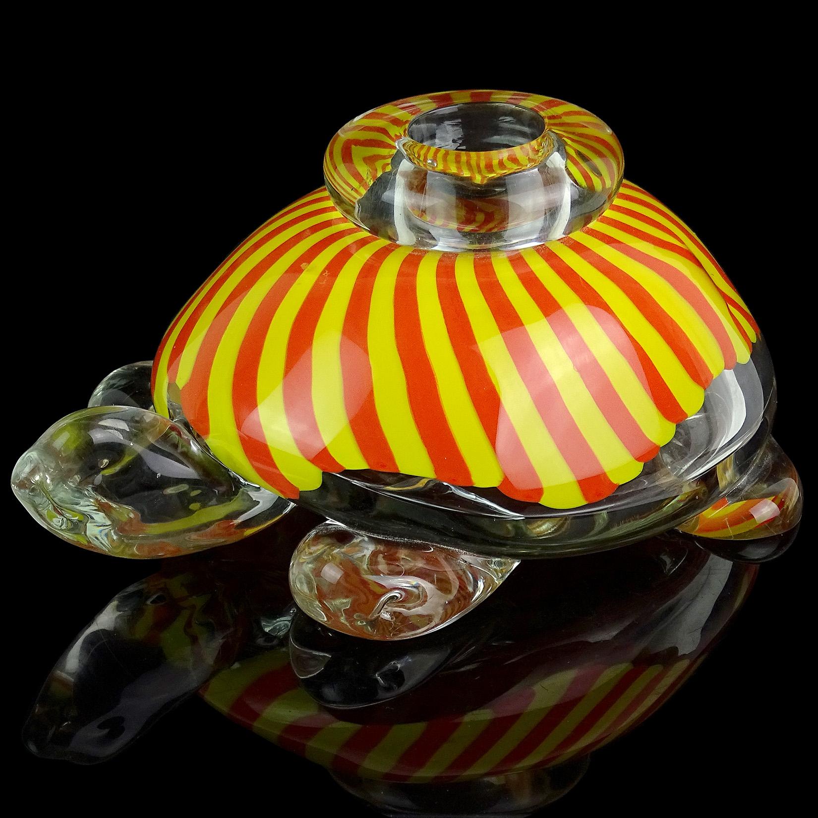 Modern Seguso Viro Murano Yellow Orange Stripes Italian Art Glass Turtle Sculpture Vase