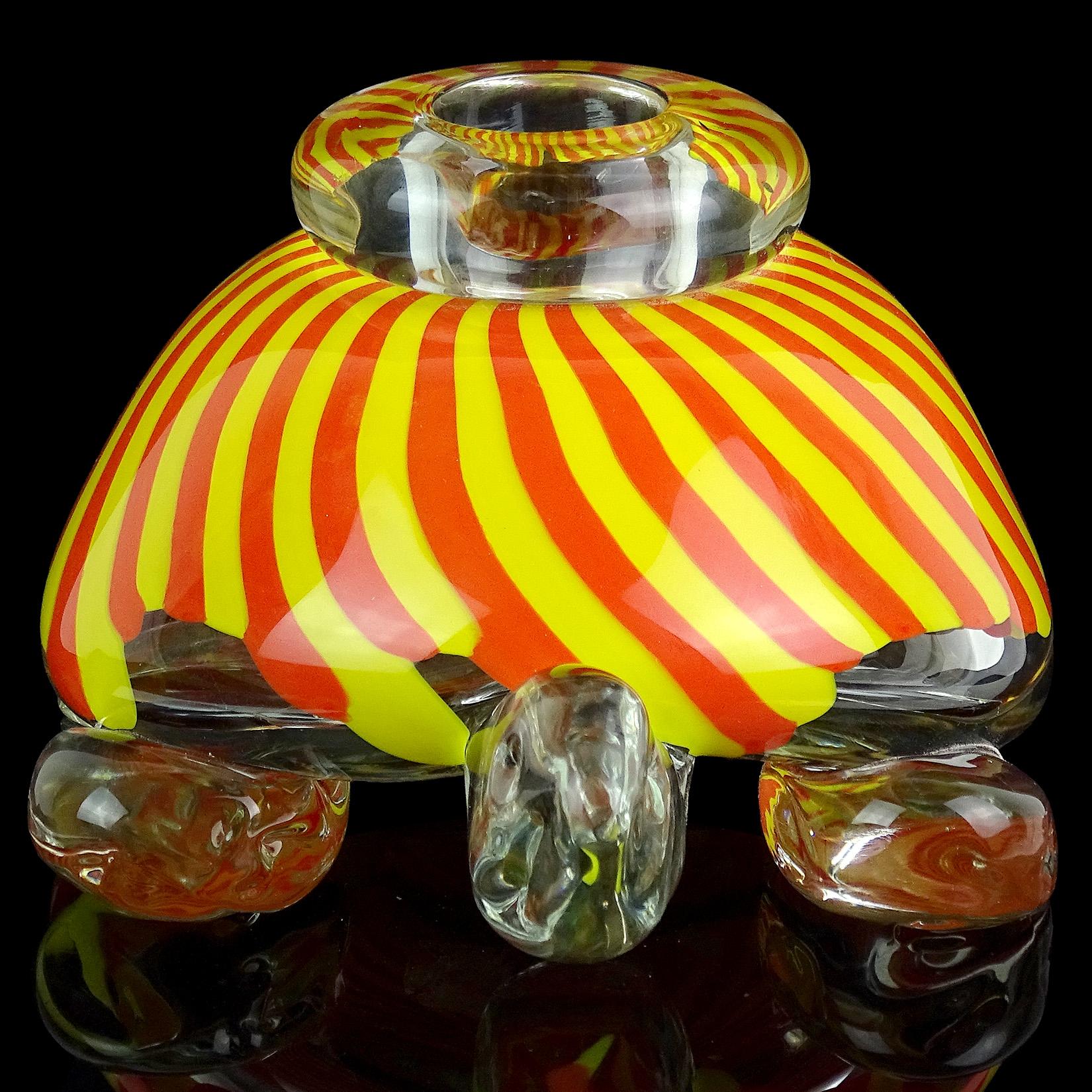 Seguso Viro Murano Yellow Orange Stripes Italian Art Glass Turtle Sculpture Vase In Good Condition In Kissimmee, FL