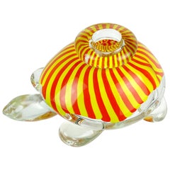 Seguso Viro Murano Yellow Orange Stripes Italian Art Glass Turtle Sculpture Vase