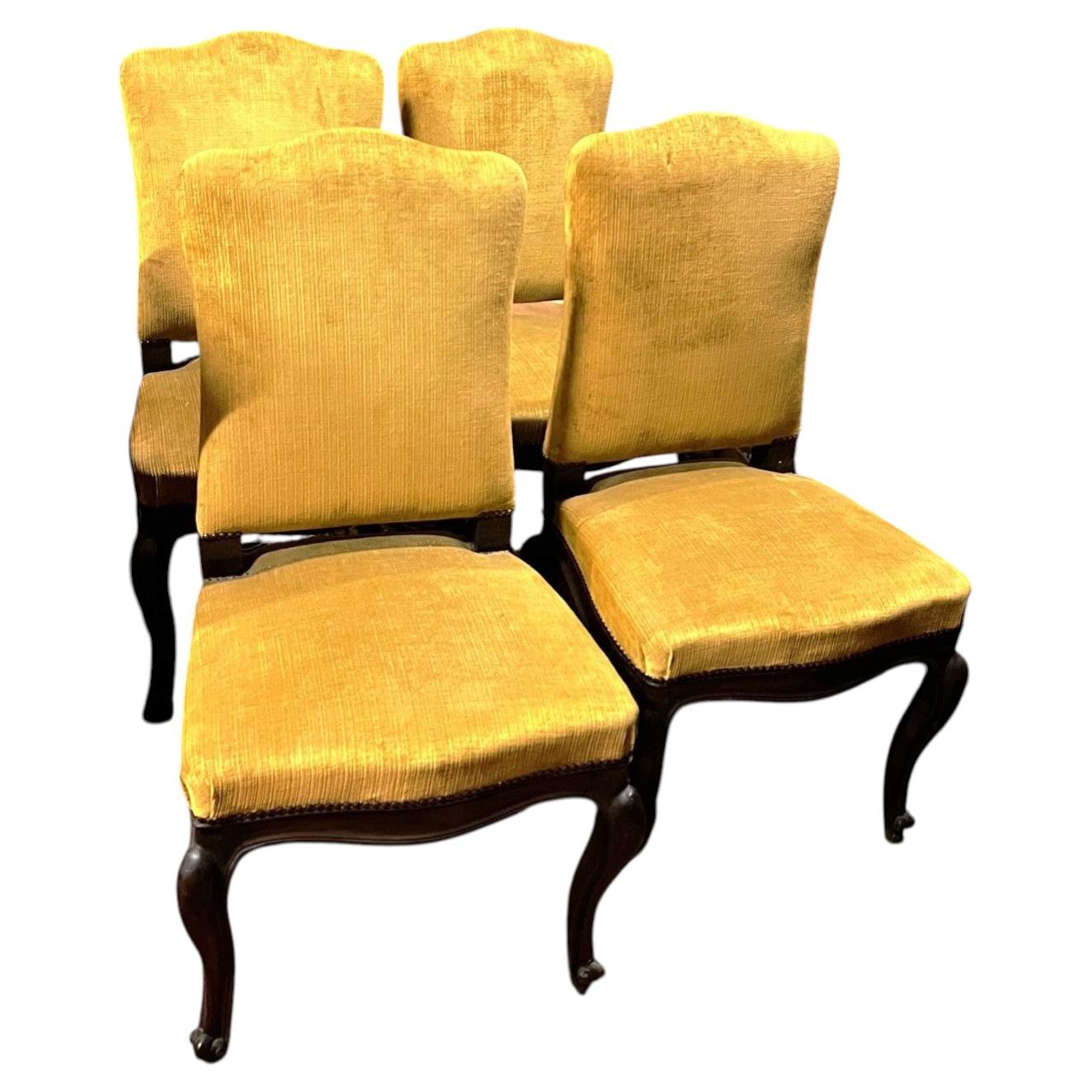 Set of 4 chairs made of solid walnut with yellow velvet upholstery, Italy For Sale