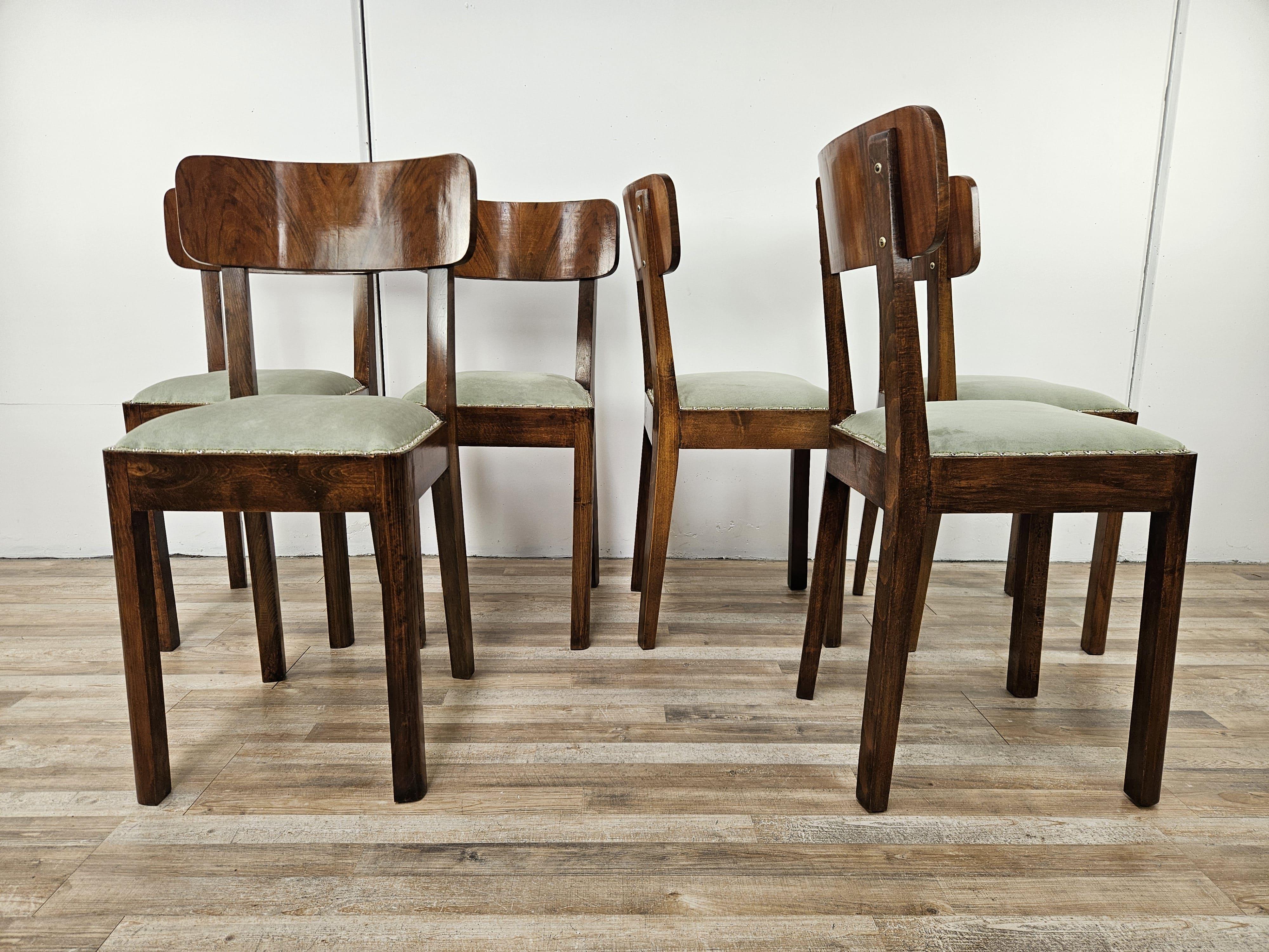 Art Déco Sei sedie antiche Art Decò in noce per sala da pranzo anni '30
