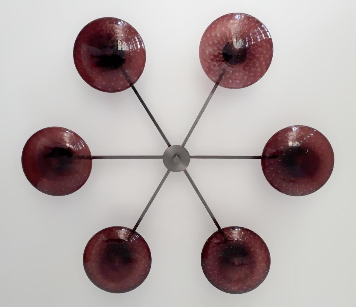 Italian flush mount with Murano glass shades mounted on solid brass frame / Designed by Fabio Bergomi / Made in Italy
6 lights / E12 or E14 type / max 40W each
Diameter: 51 inches / Height: 8 inches
Order only / This item ships from Italy
Order