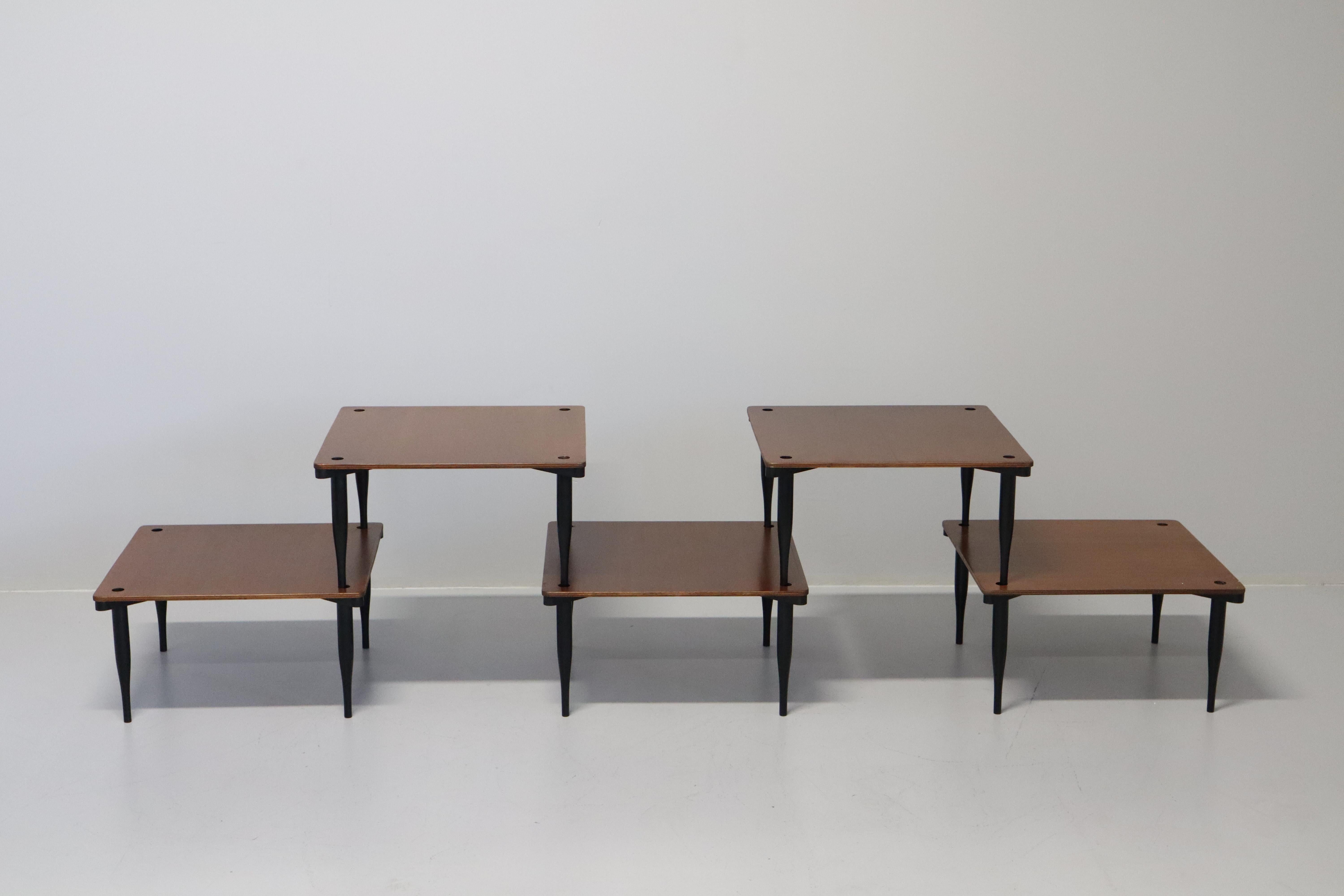 Wood Six stackable 'T8' small tables by Vico Magistretti for Azucena, Italy, 1954 For Sale