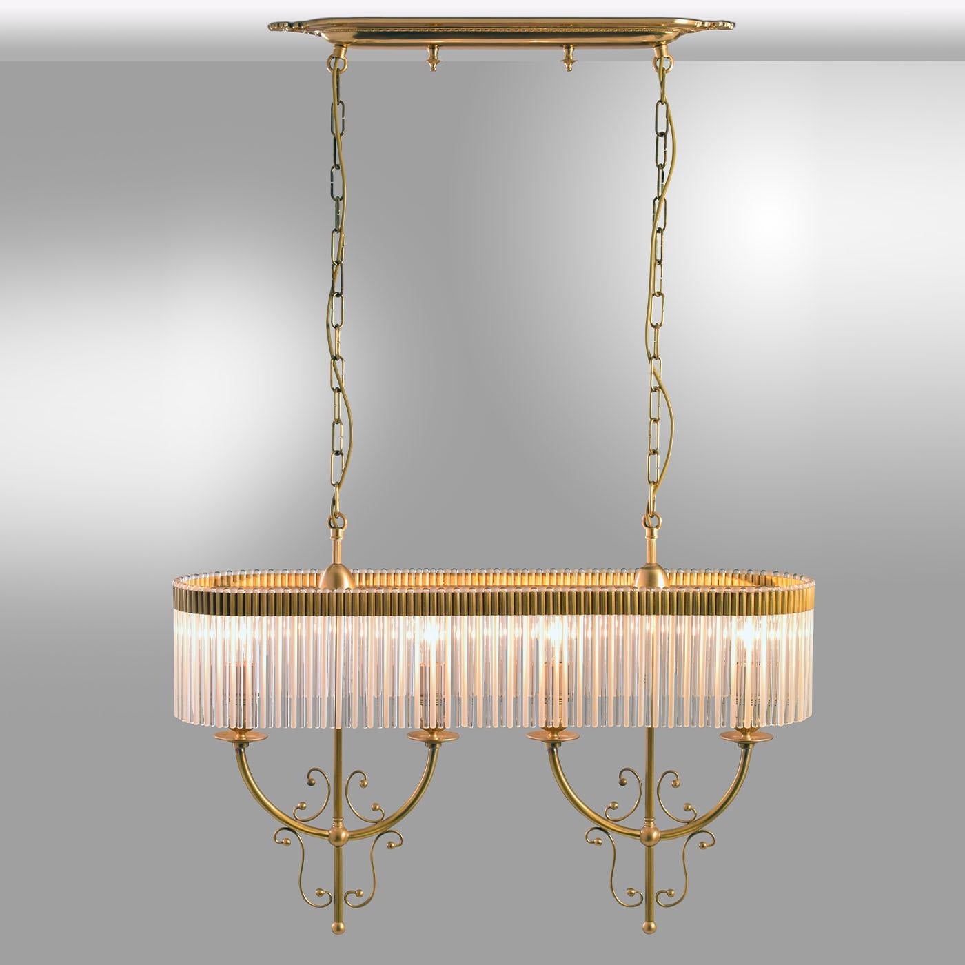 Neatly juxtaposed transparent glass reeds distinguish the plush design of this chandelier designed by Luca Bussacchini for the Seicento Collection, also available in a two-light variant. The reeds create an oval-cut shade diffusing and reflecting