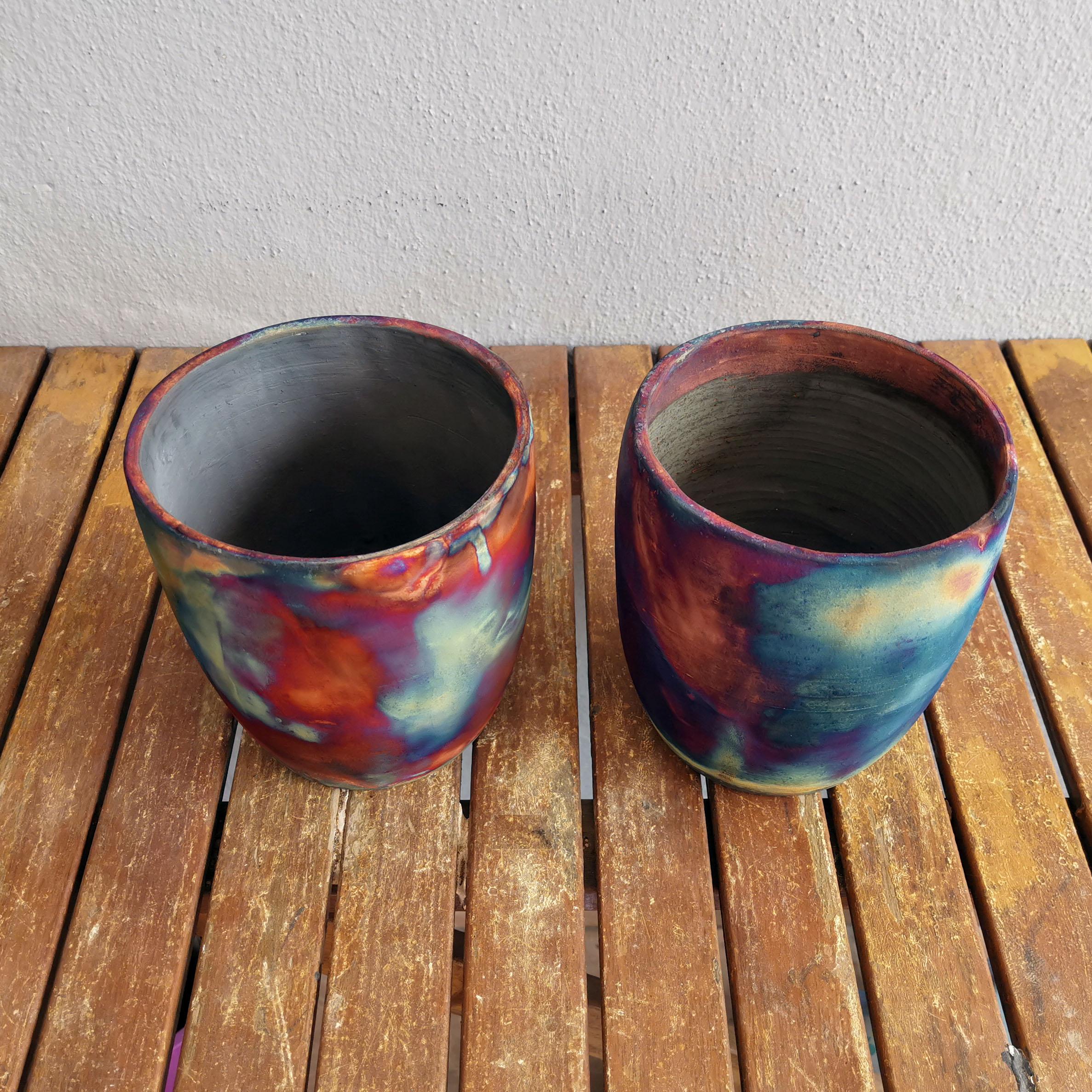Modern Seicho 2 Pack Raku Planter Pot Pottery, Full Copper Matte, Handmade Ceramic For Sale