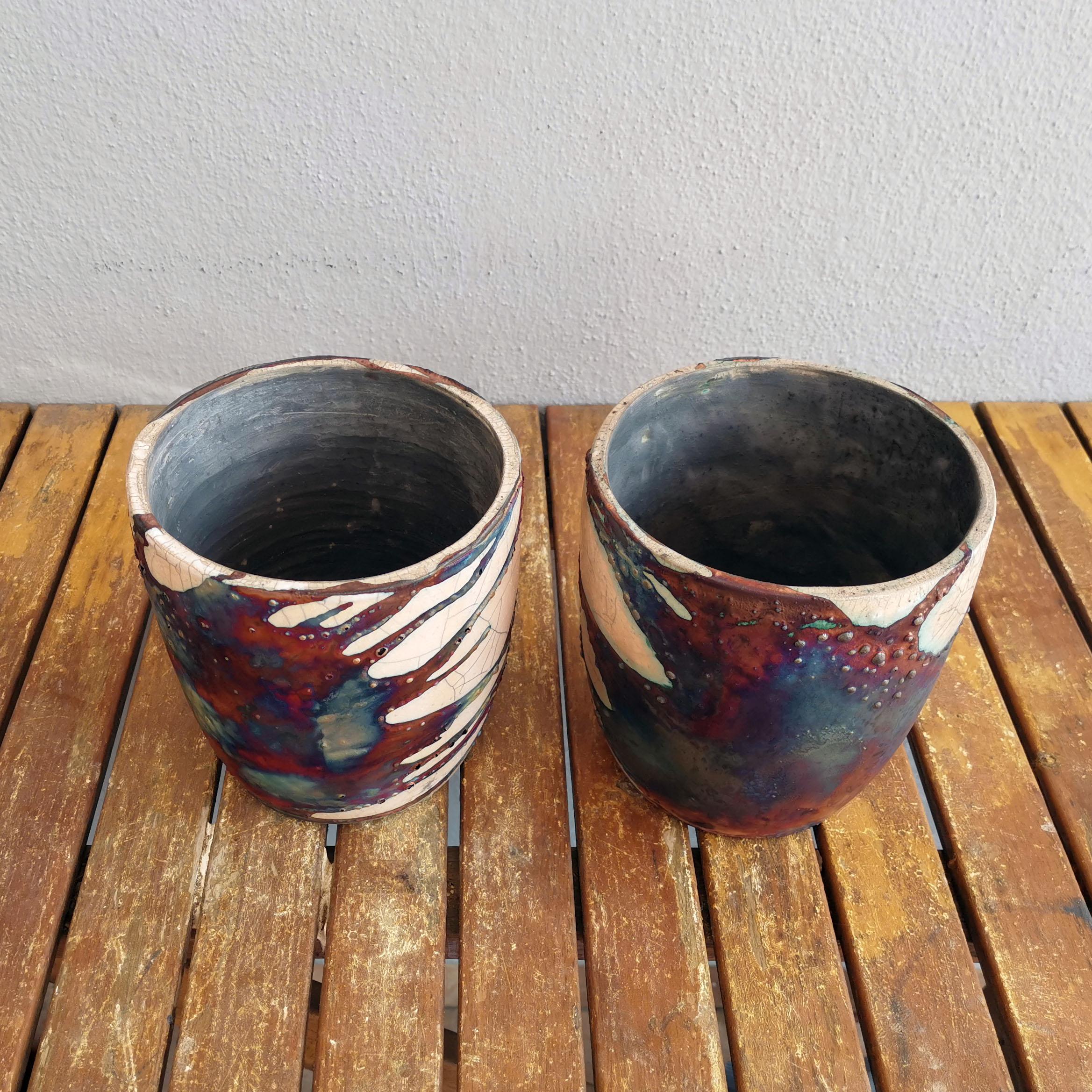 Modern Seicho 2 Pack Raku Planter Pot Pottery, Half Copper Matte, Handmade Ceramic For Sale