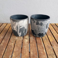 Seicho 2 Pack Raku Planter Pot Pottery - Smoked Raku - Handmade Ceramic