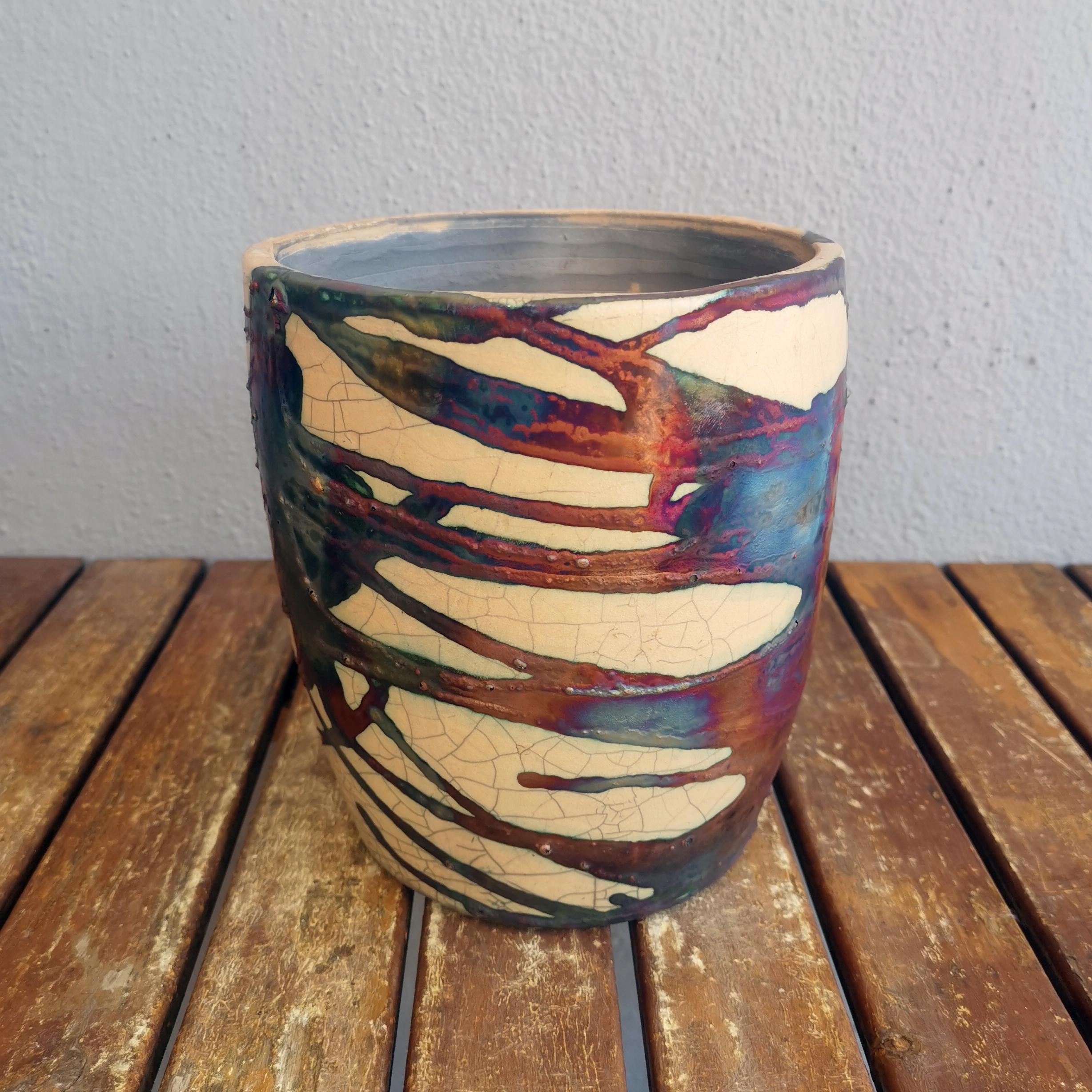 Fired Seicho Raku Planter Pot Pottery, Half Copper Matte, Handmade Ceramic For Sale