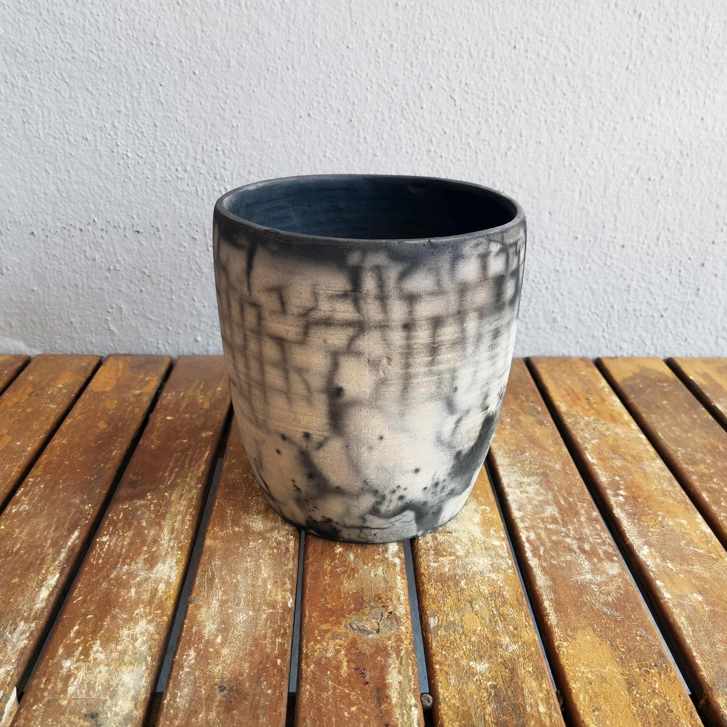 Modern Seicho Raku Planter Pot Pottery - Smoked Raku - Handmade Ceramic For Sale