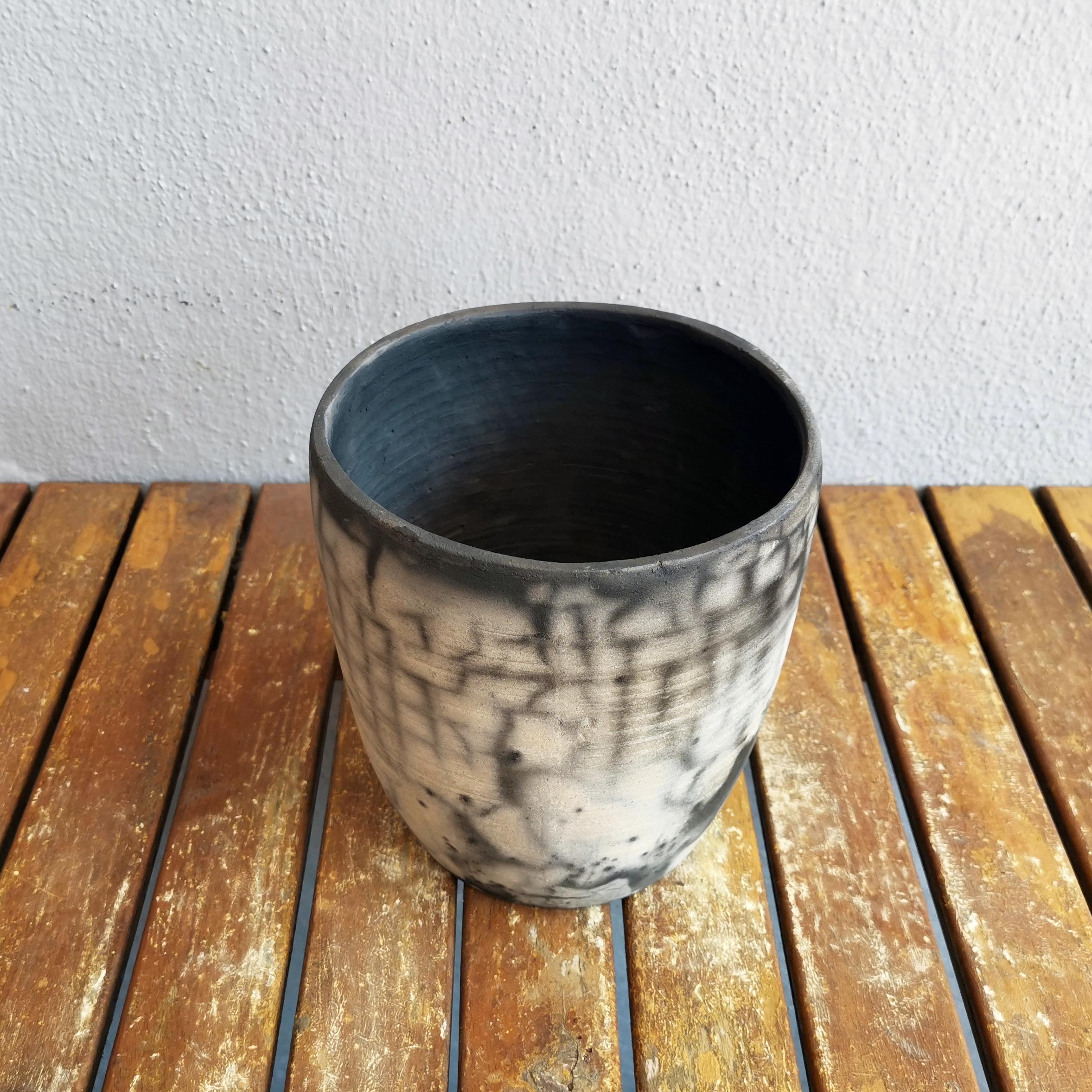 Malaysian Seicho Raku Planter Pot Pottery - Smoked Raku - Handmade Ceramic For Sale
