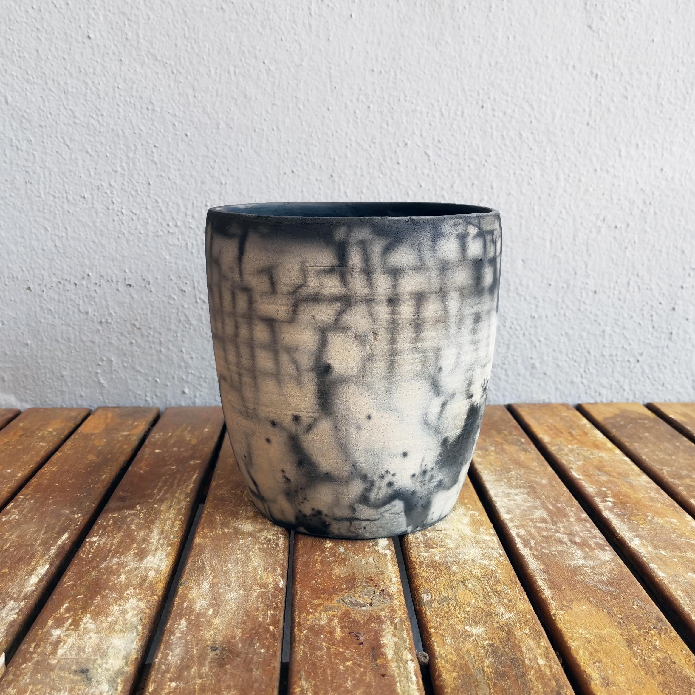 Fired Seicho Raku Planter Pot Pottery - Smoked Raku - Handmade Ceramic For Sale