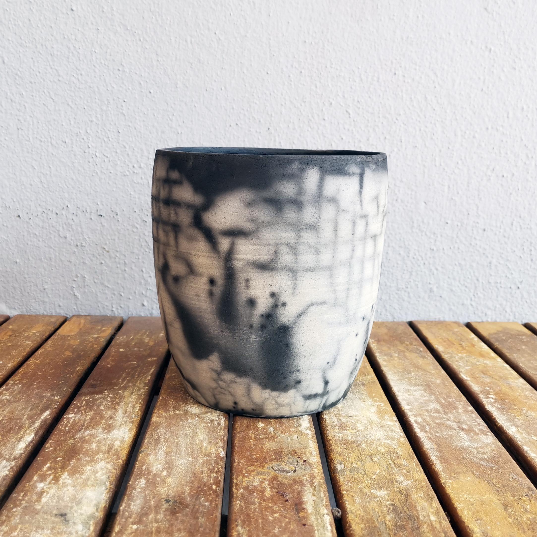 Contemporary Seicho Raku Planter Pot Pottery - Smoked Raku - Handmade Ceramic For Sale