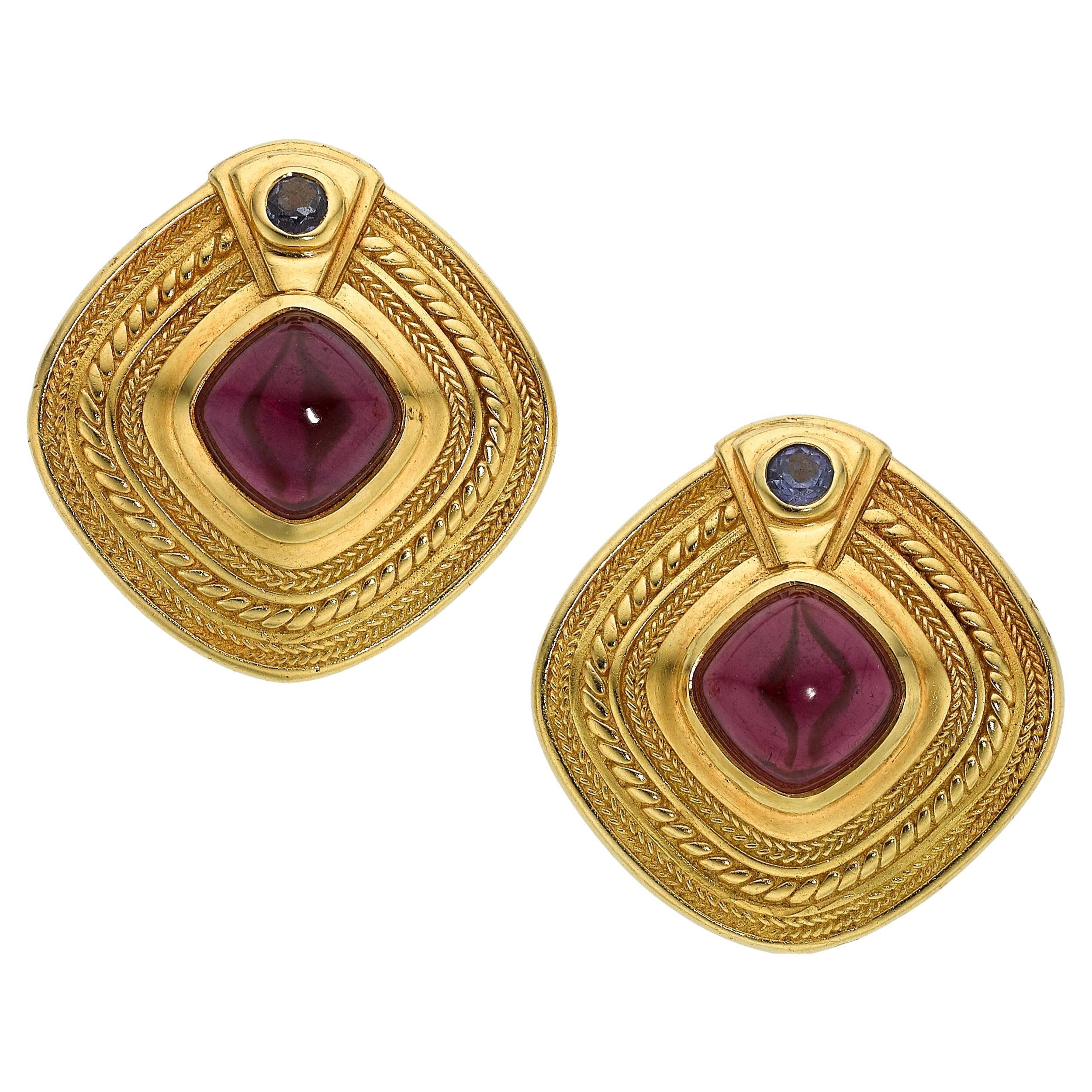 SeidanGang 18k Yellow Gold Garnet and Tanzanite Cabochon Earrings