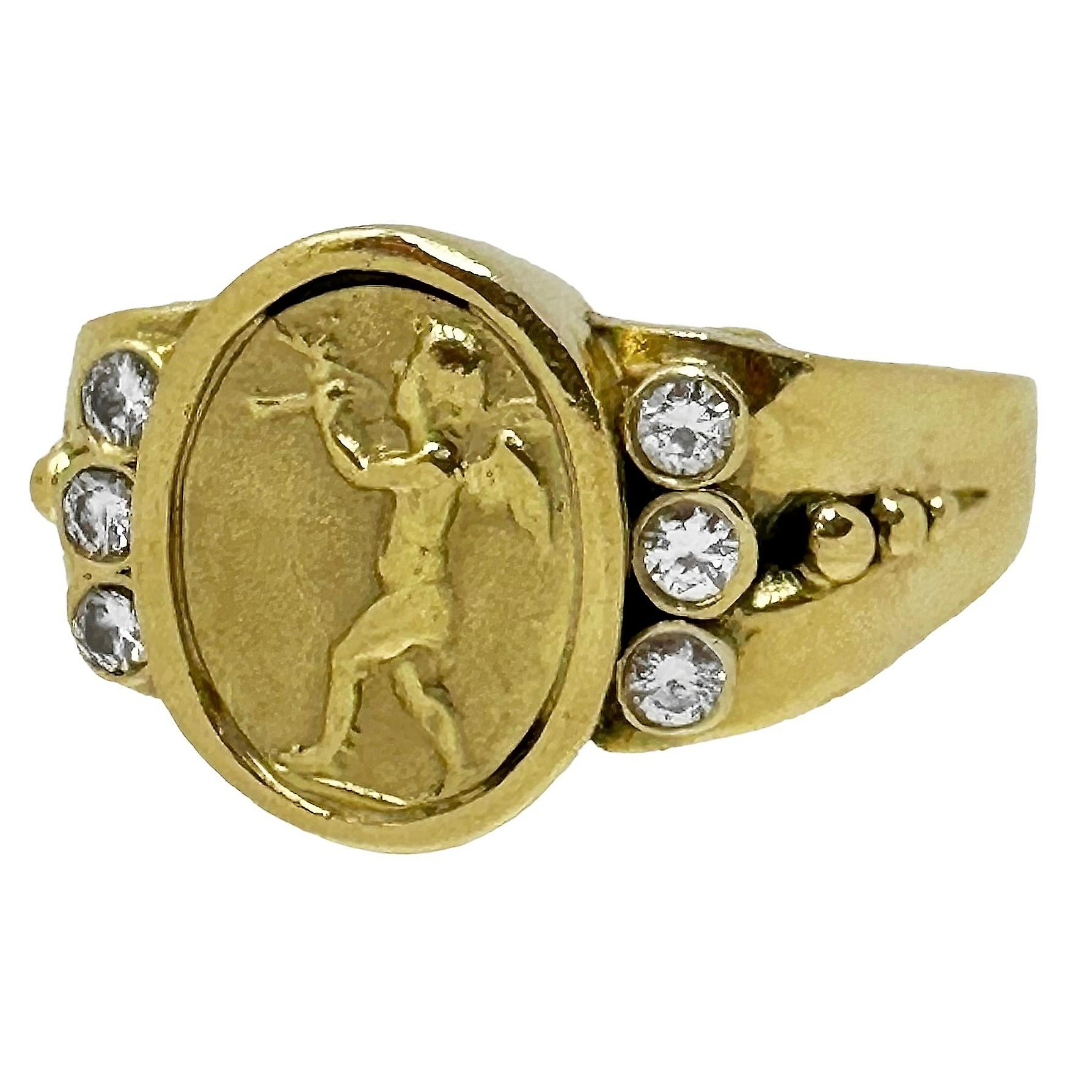 Classical Greek SeidenGang 18K Yellow Gold and Diamond Cherub Playing Instrument Intaglio Ring For Sale