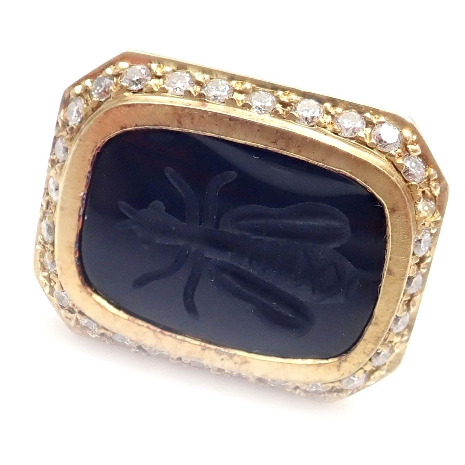 18k Yellow Gold Diamond Black Agate Intaglio Bug Ring by Seiden Gang. 
With 29x Diamonds VVS/G Color 0.58ctw
1x Black Agate
Details: 
Size: 7
Weight: 26.1 grams
Width: 18mm x 23mm
Stamped Hallmarks: SG 18k
*Free Shipping within the United