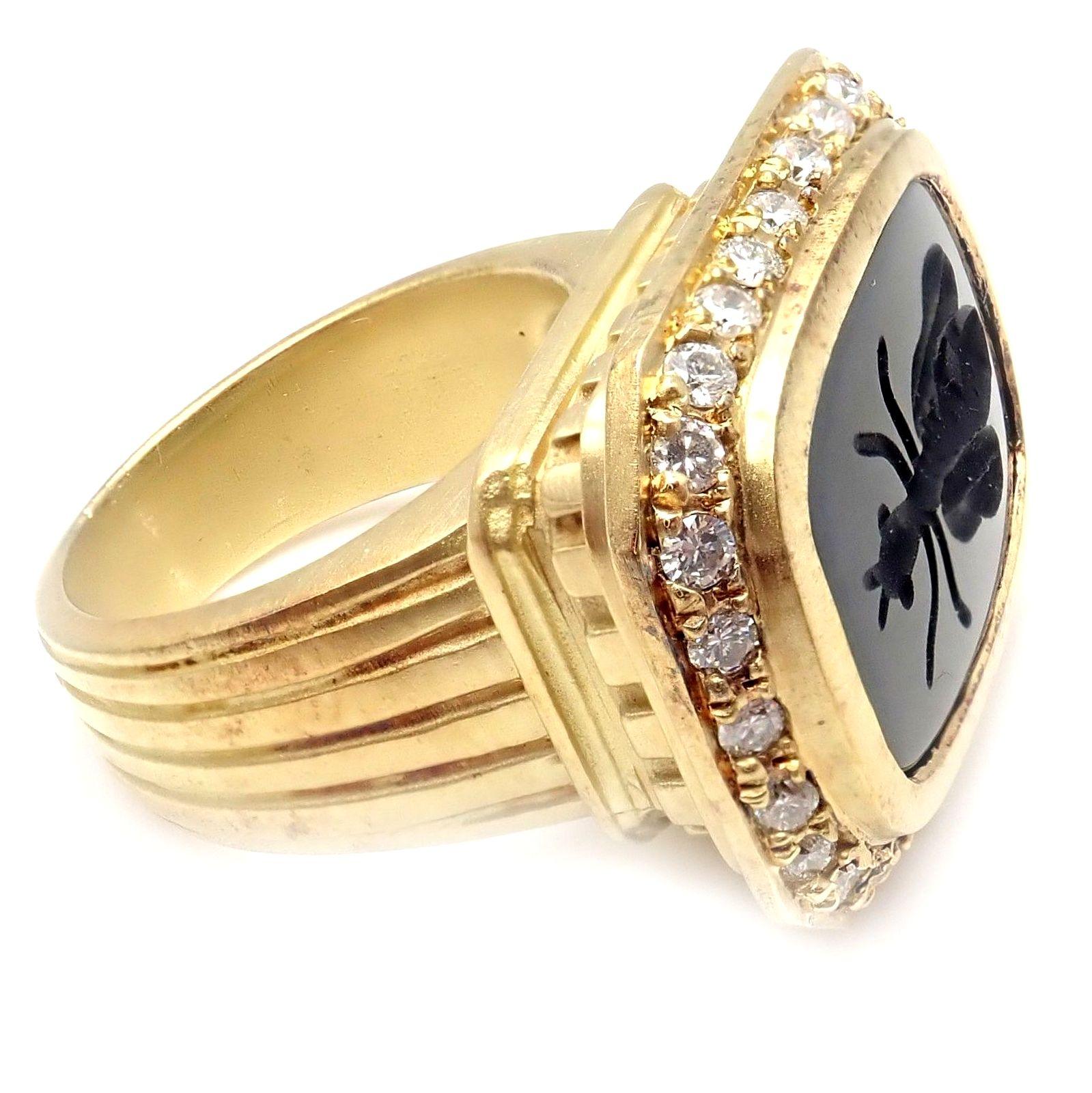 Seiden Gang Diamond Black Agate Intaglio Bug Yellow Gold Ring In Excellent Condition In Holland, PA