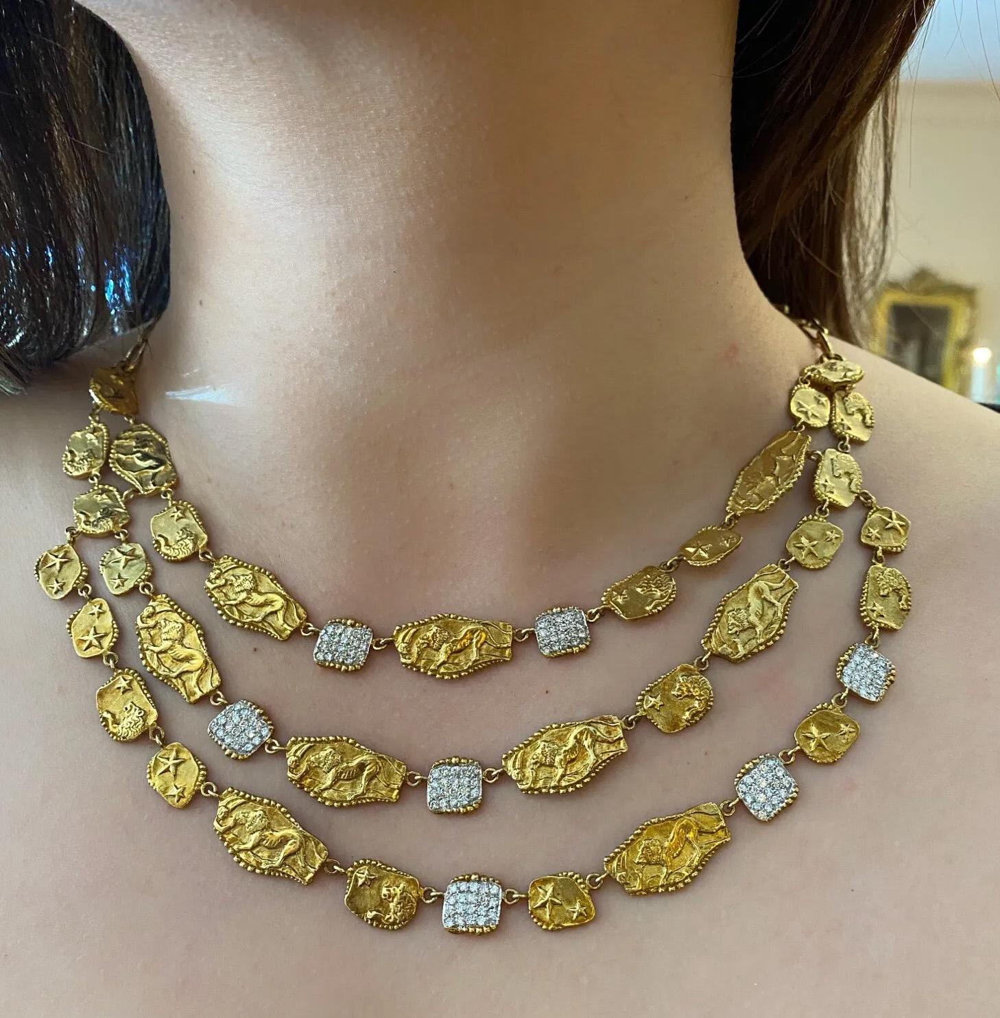 Round Cut Seiden Gang Lion Motif Triple Strand Diamond Necklace 18k Yellow Gold For Sale