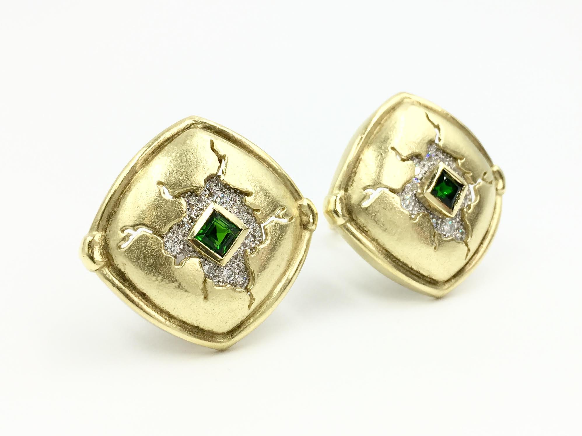 Gorgeous 18 karat satin finished yellow gold and platinum diamond and chrome green tourmaline large button style earrings by Seidengang. .64 Carats of high quality diamonds are expertly pavé set in platinum surrounding the princess cut vivid chrome