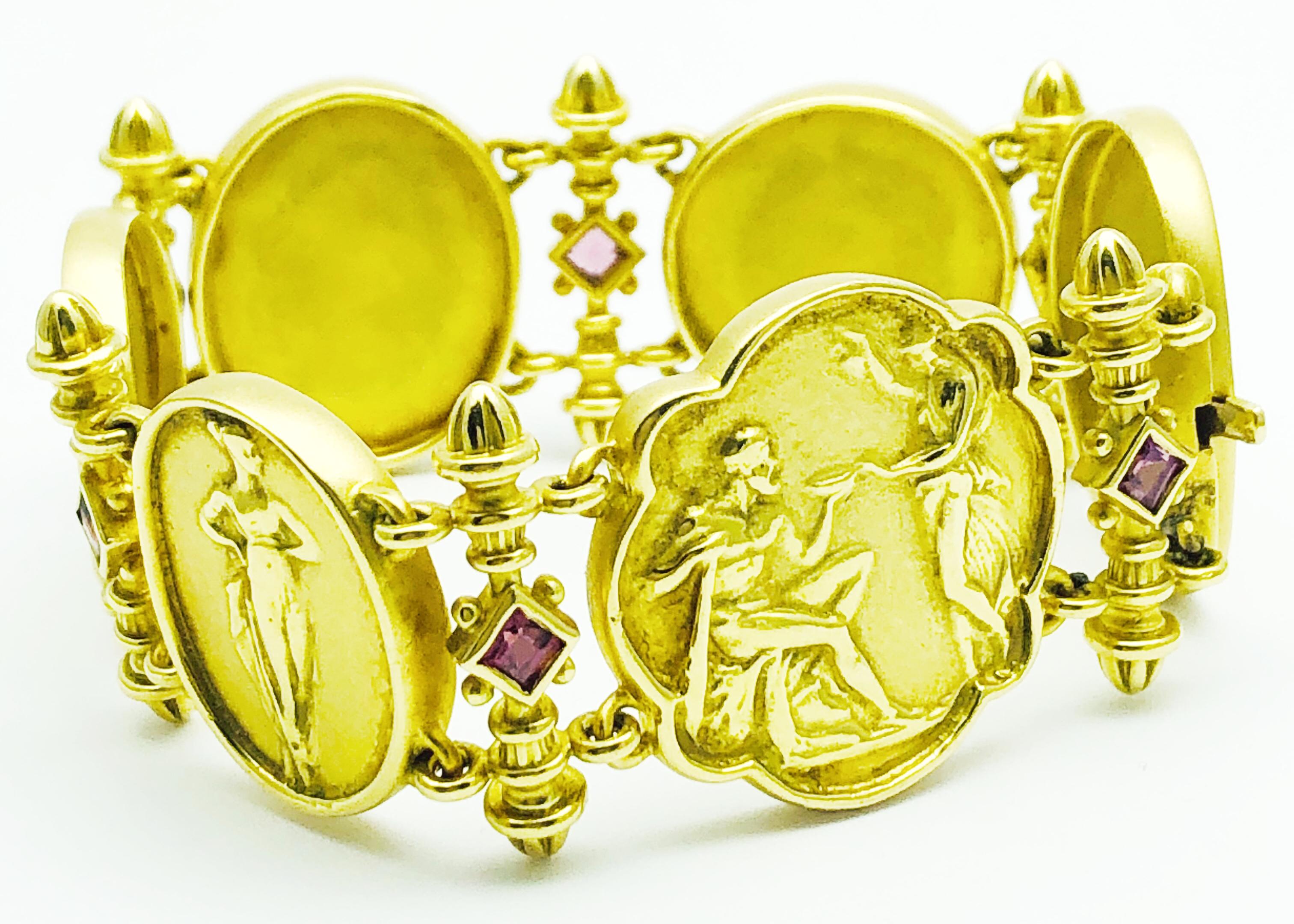 Absolutely Gorgeous SeidenGang 18K Yellow Gold Bracelet! This Piece has 6 round and Oval plaques with greco Roman Figures set in bas relief. Each Plaque is separated by a bezel set, Square, Pink Tourmaline. The bracelet is 7 inches long. The largest