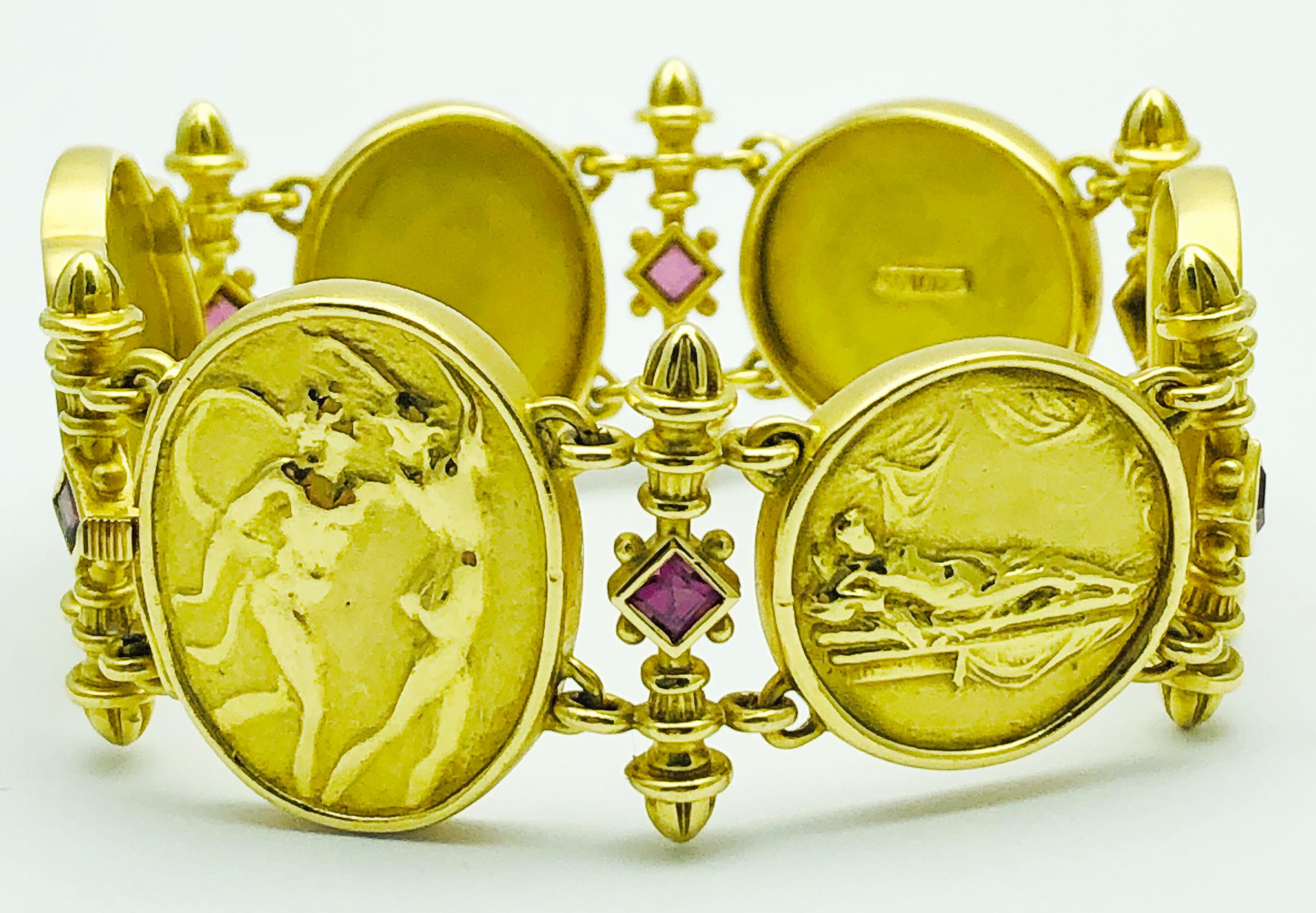 Hellenistic SeidenGang 18 Karat Yellow Gold and Pink Tourmaline Oval Plaque Bracelet