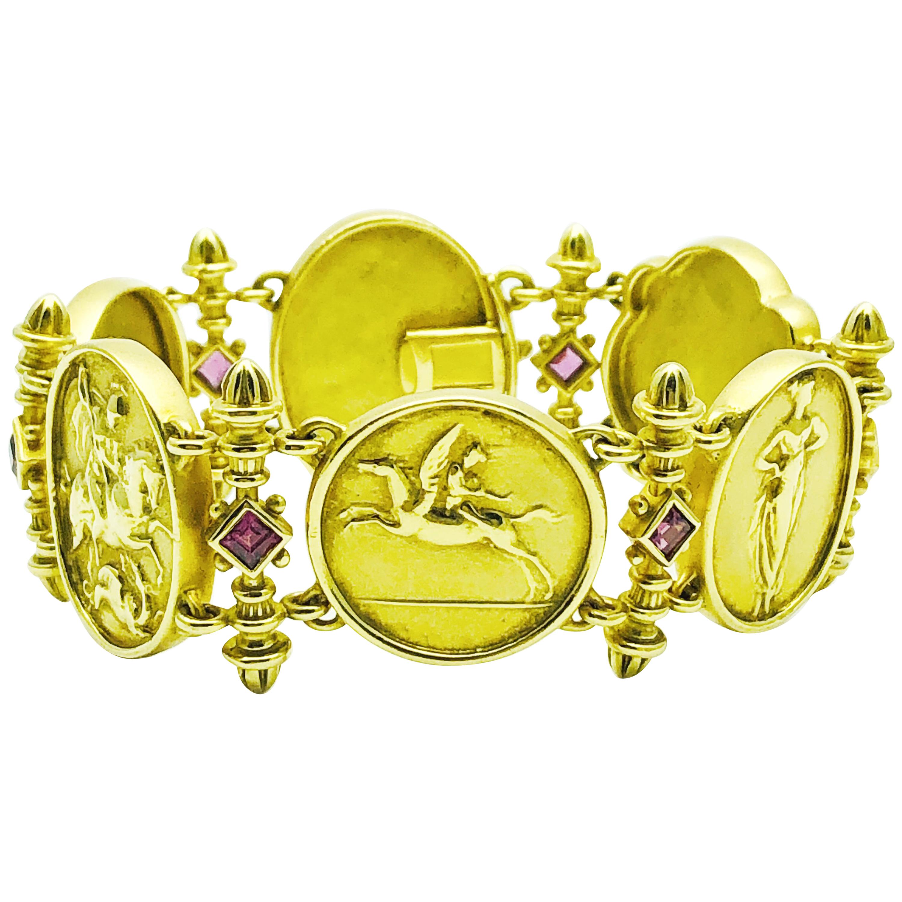 SeidenGang 18 Karat Yellow Gold and Pink Tourmaline Oval Plaque Bracelet