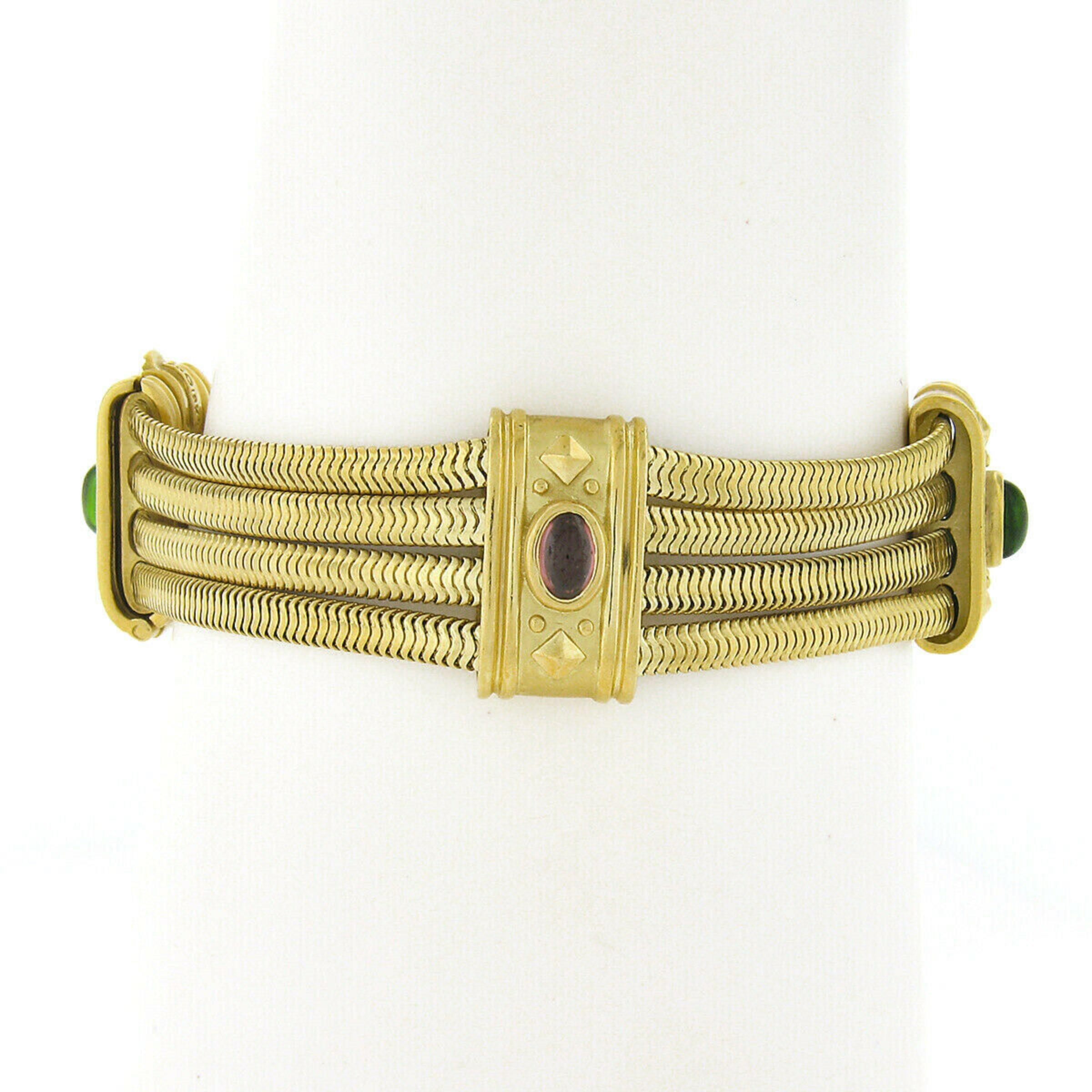 Cabochon SeidenGang 18k Gold 4 Row Snake Chain w/ Pink & Green Tourmaline Panel Bracelet