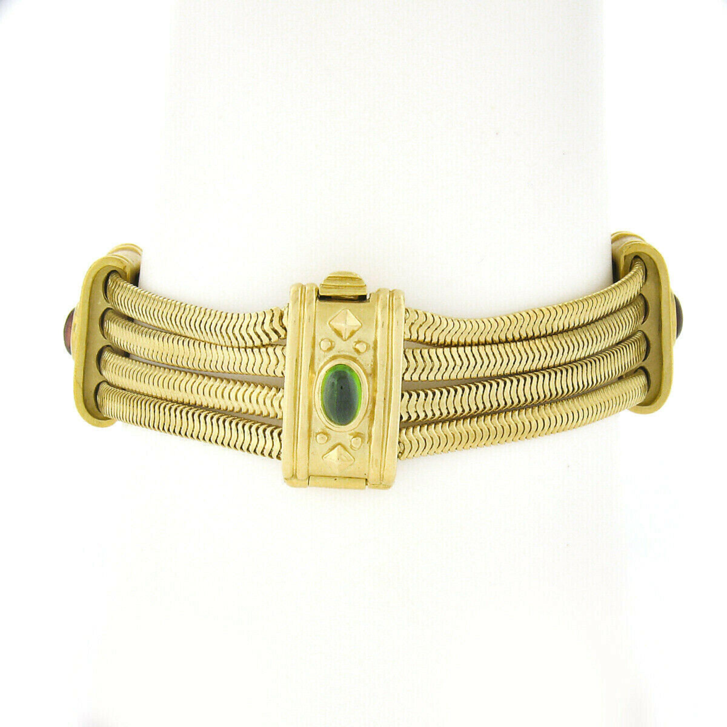SeidenGang 18k Gold 4 Row Snake Chain w/ Pink & Green Tourmaline Panel Bracelet In Good Condition In Montclair, NJ