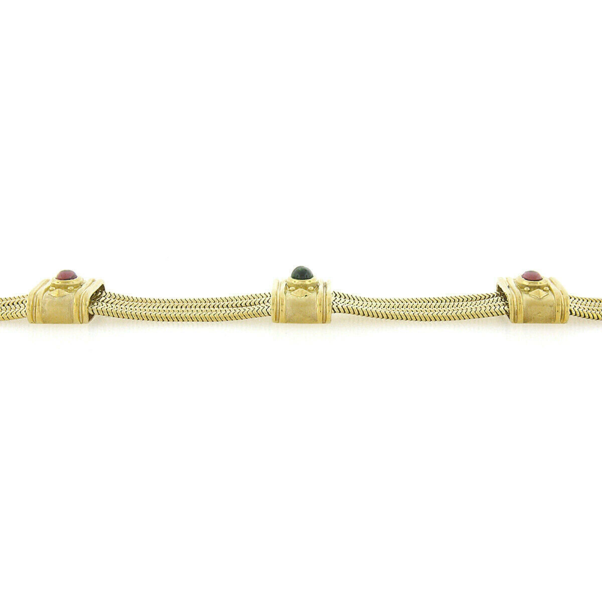 Women's or Men's SeidenGang 18k Gold 4 Row Snake Chain w/ Pink & Green Tourmaline Panel Bracelet